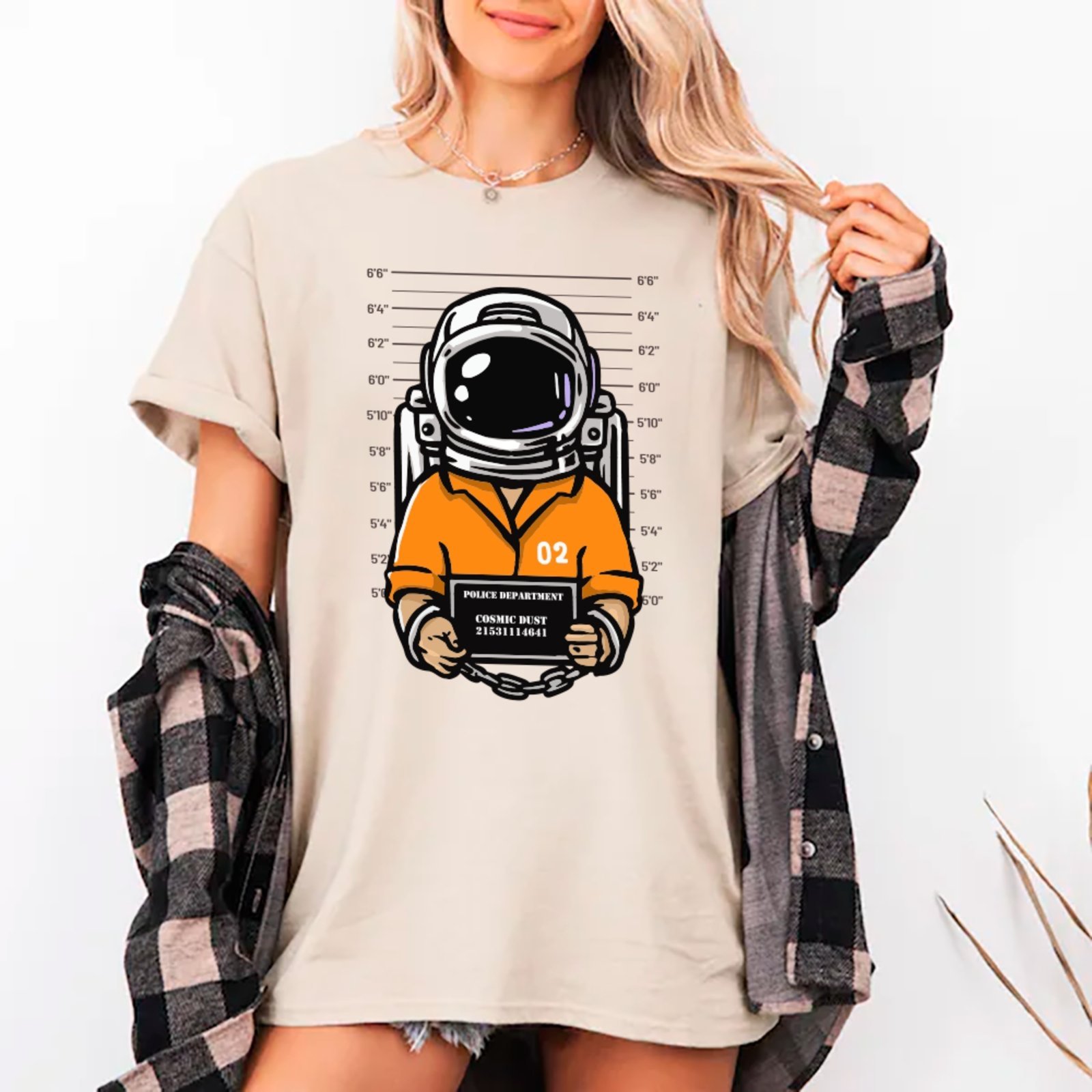 Vista 2 Camiseta Ousy Unissex Streetwear Astronauta Mugshot Visual Impactante Oversized Off White off-white white ousy off-white white