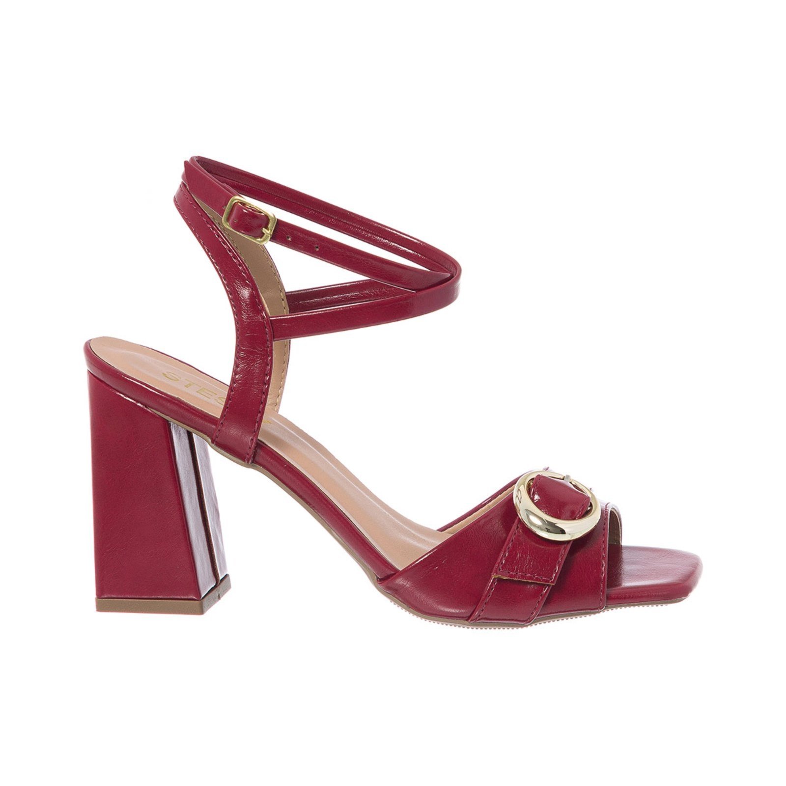 Sandália Feminina Stessy Bico Quadrado Salto Bloco Fivela Luxo Moda Vermelho
