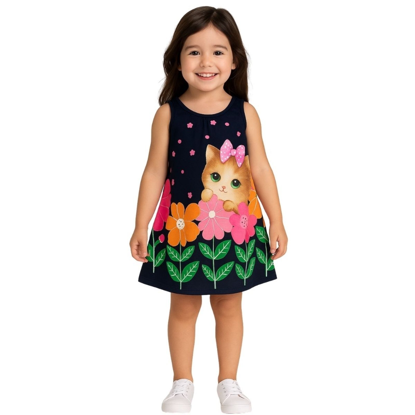 Vista 2 Infantil - Vestido Kyly Manga Curta Gatinho azul marinho Kyly azul marinho