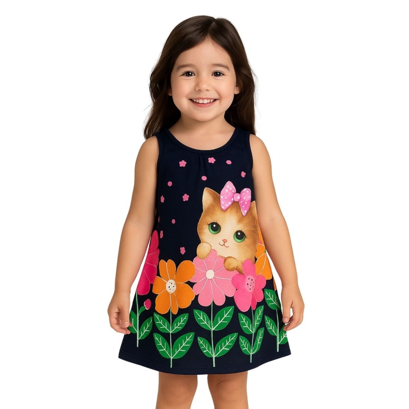 Vista 3 Infantil - Vestido Kyly Manga Curta Gatinho azul marinho Kyly azul marinho