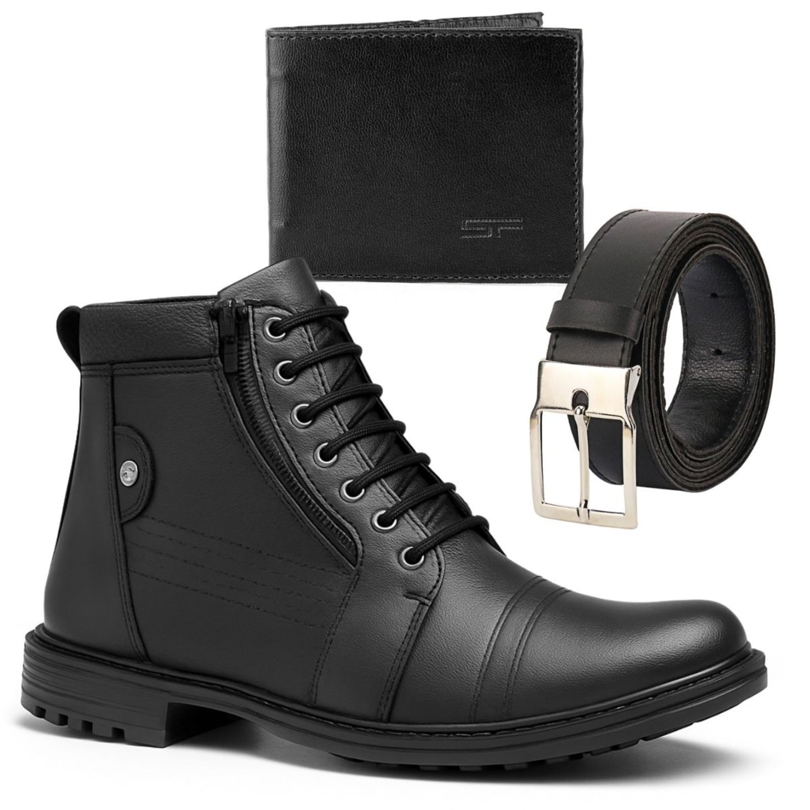 Coturno Masculino Sapatofran Cano Curto com Zíper com Cinto e Carteira Kit Preto