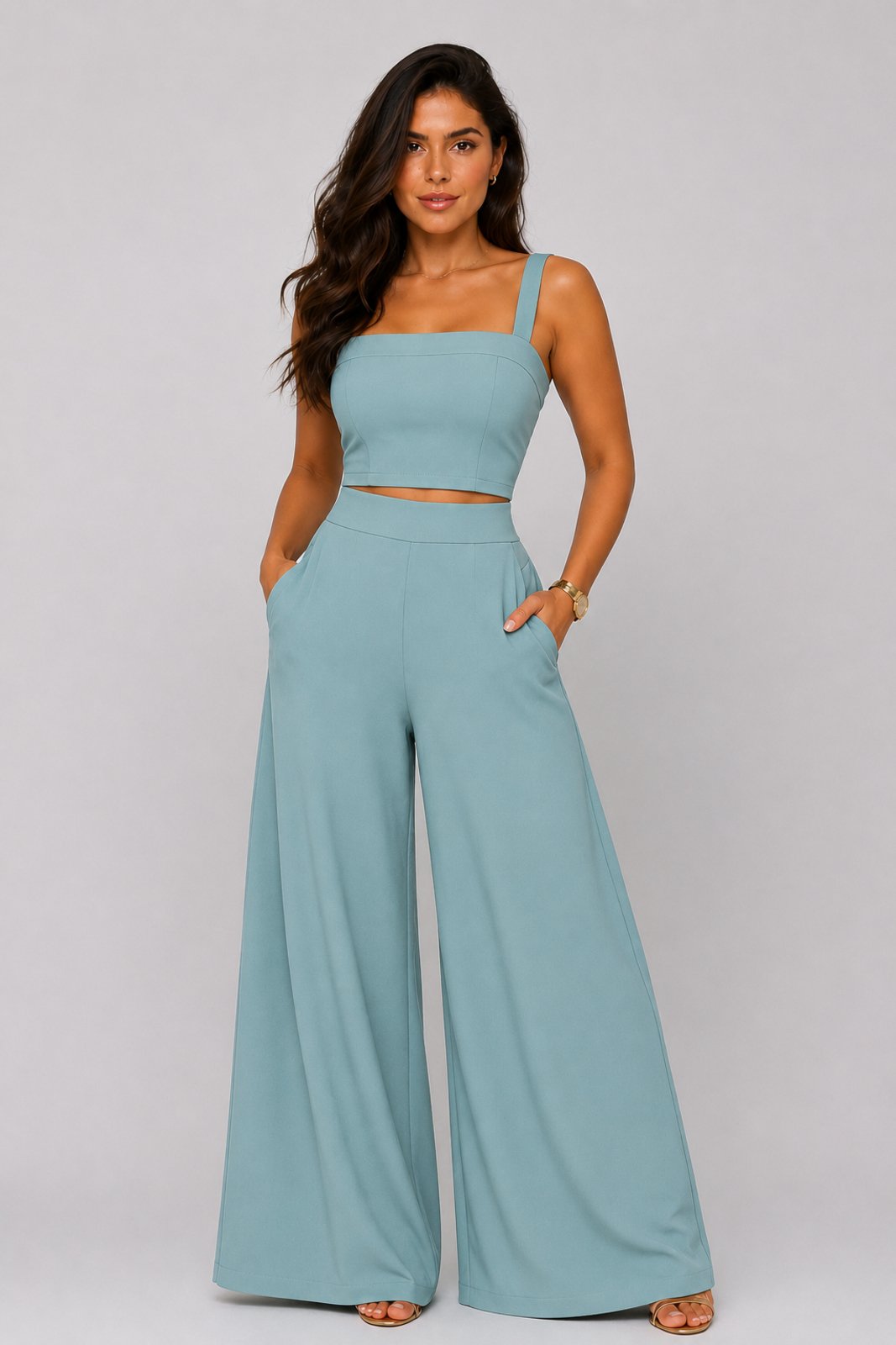 Conjunto D Bell Outlet Fashion Cropped e Calça Pantalona Verde Água