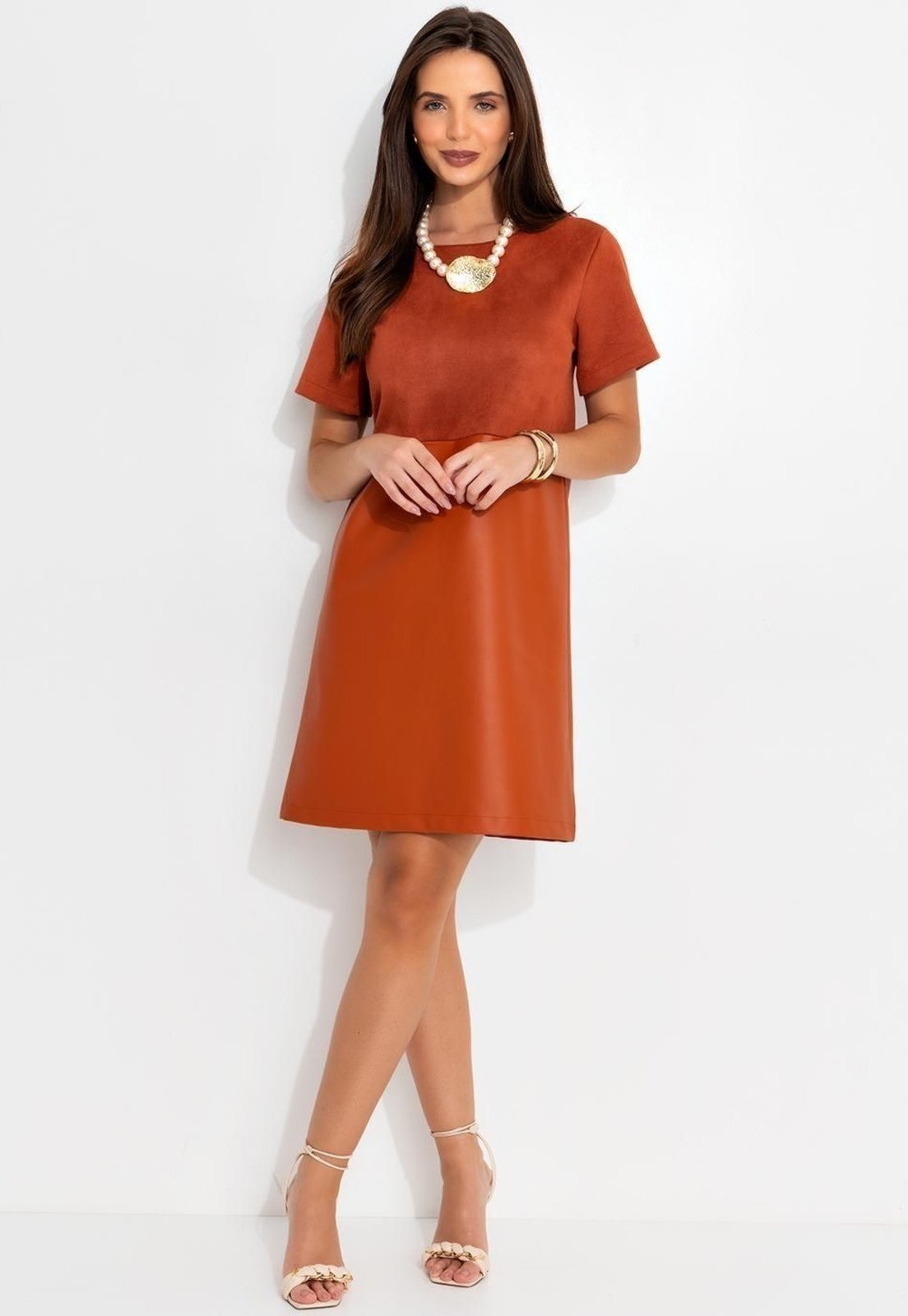 Vista 2 Vestido Em Malha Suede Ferrugem Quintess laranja Quintess laranja