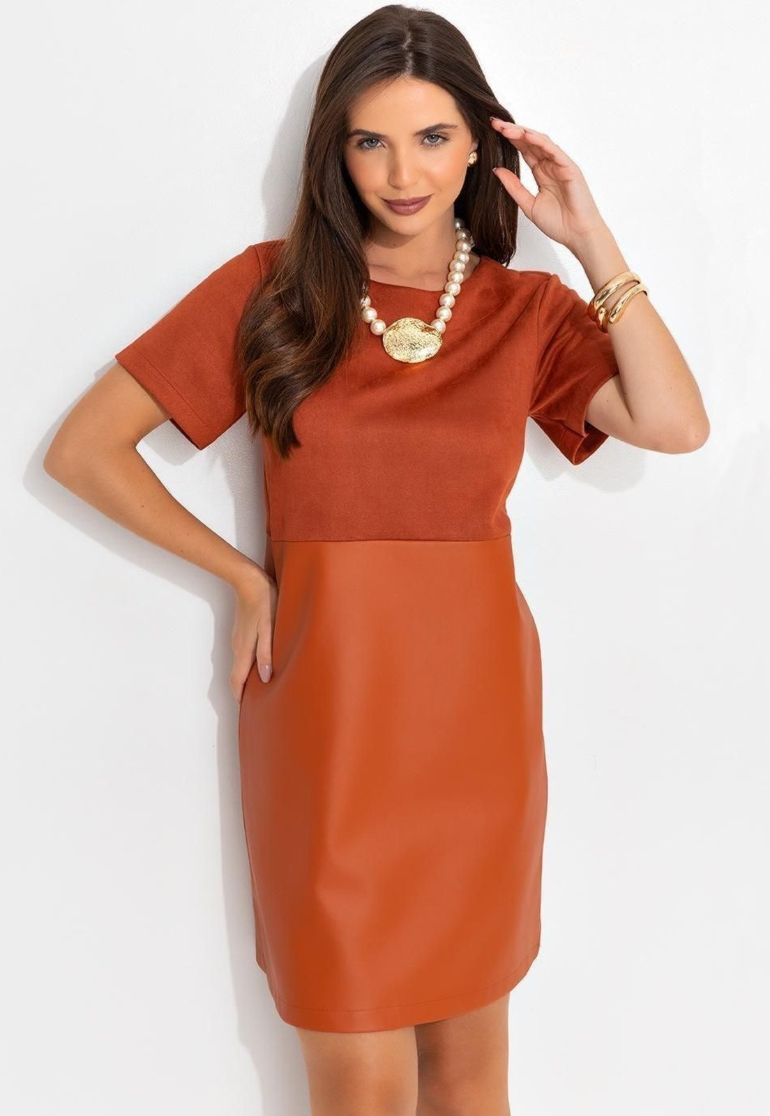 Vista 3 Vestido Em Malha Suede Ferrugem Quintess laranja Quintess laranja