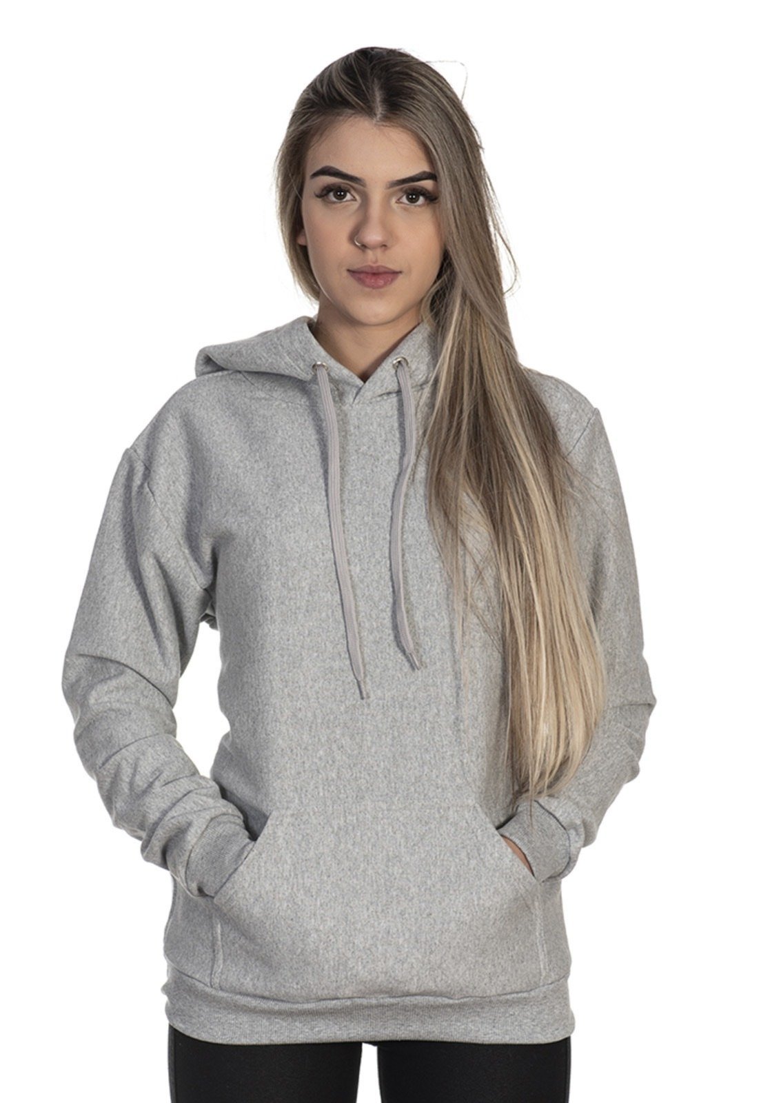 Moletom Feminino Lavini Canguru Blusa De Frio liso Com Capuz Cinza