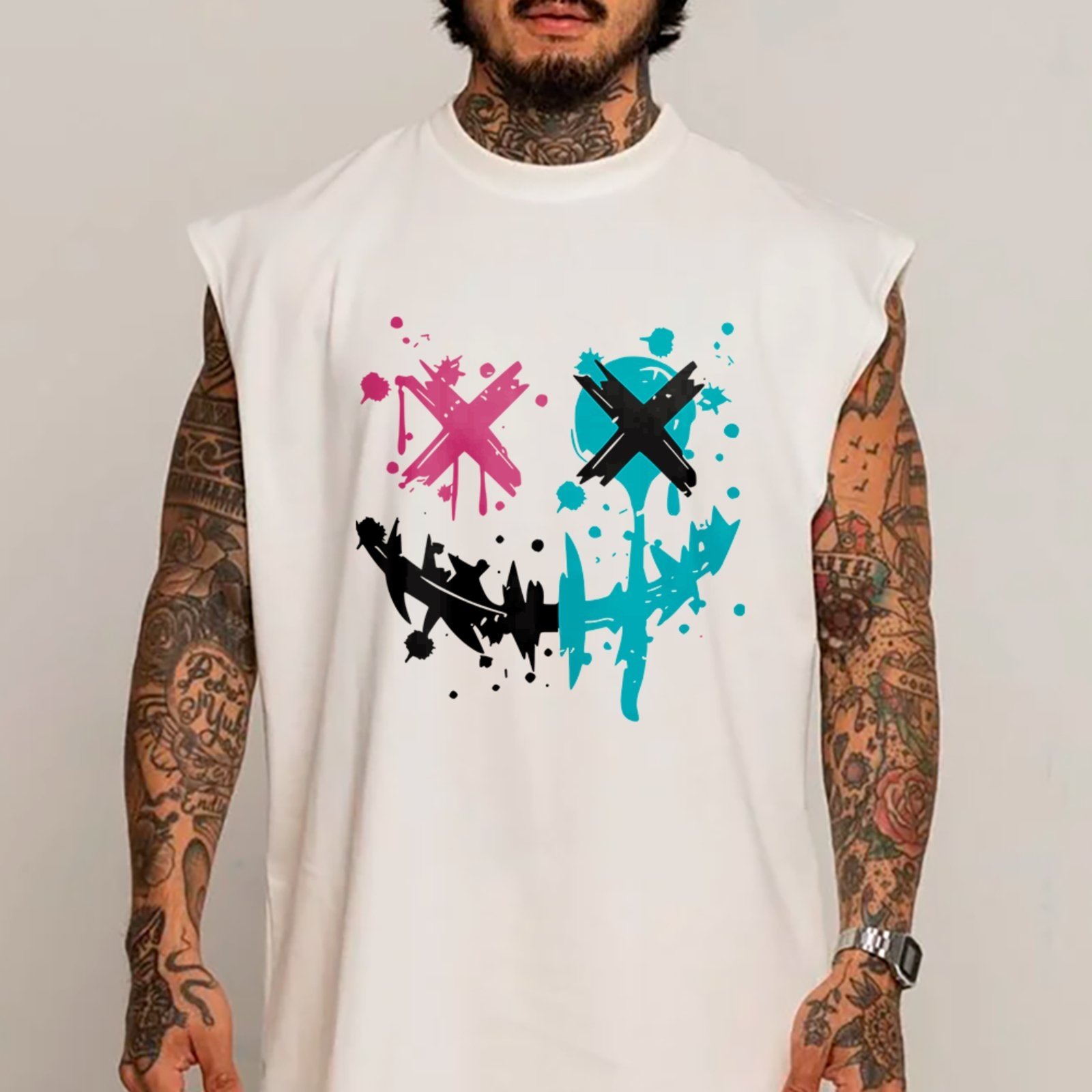 Camiseta Regata Machão Smile Grafite Streetwear Hype Urbano Branco