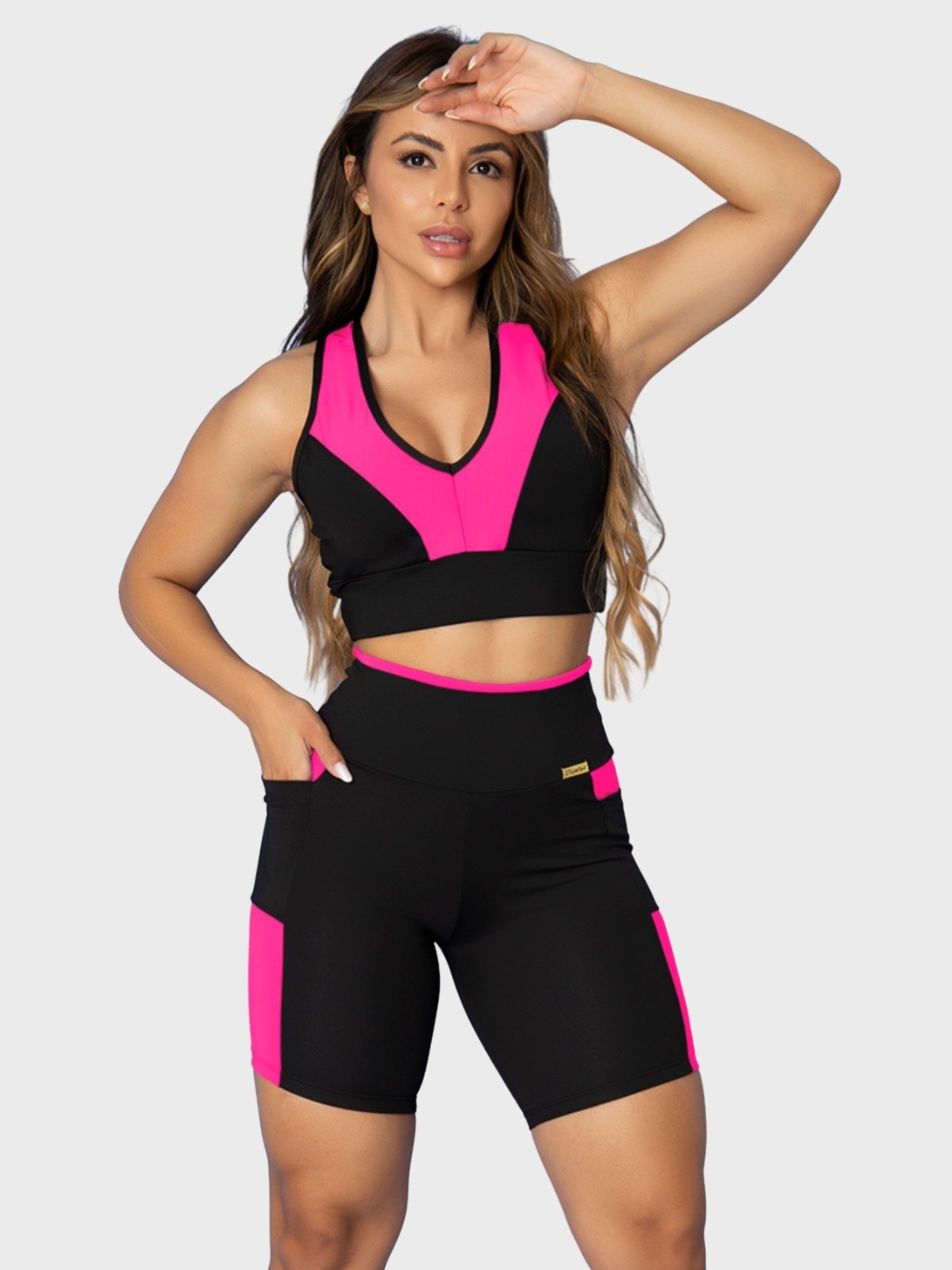 Conjunto Fitness Tarelles Top Short Bolso Preto e Rosa Neon