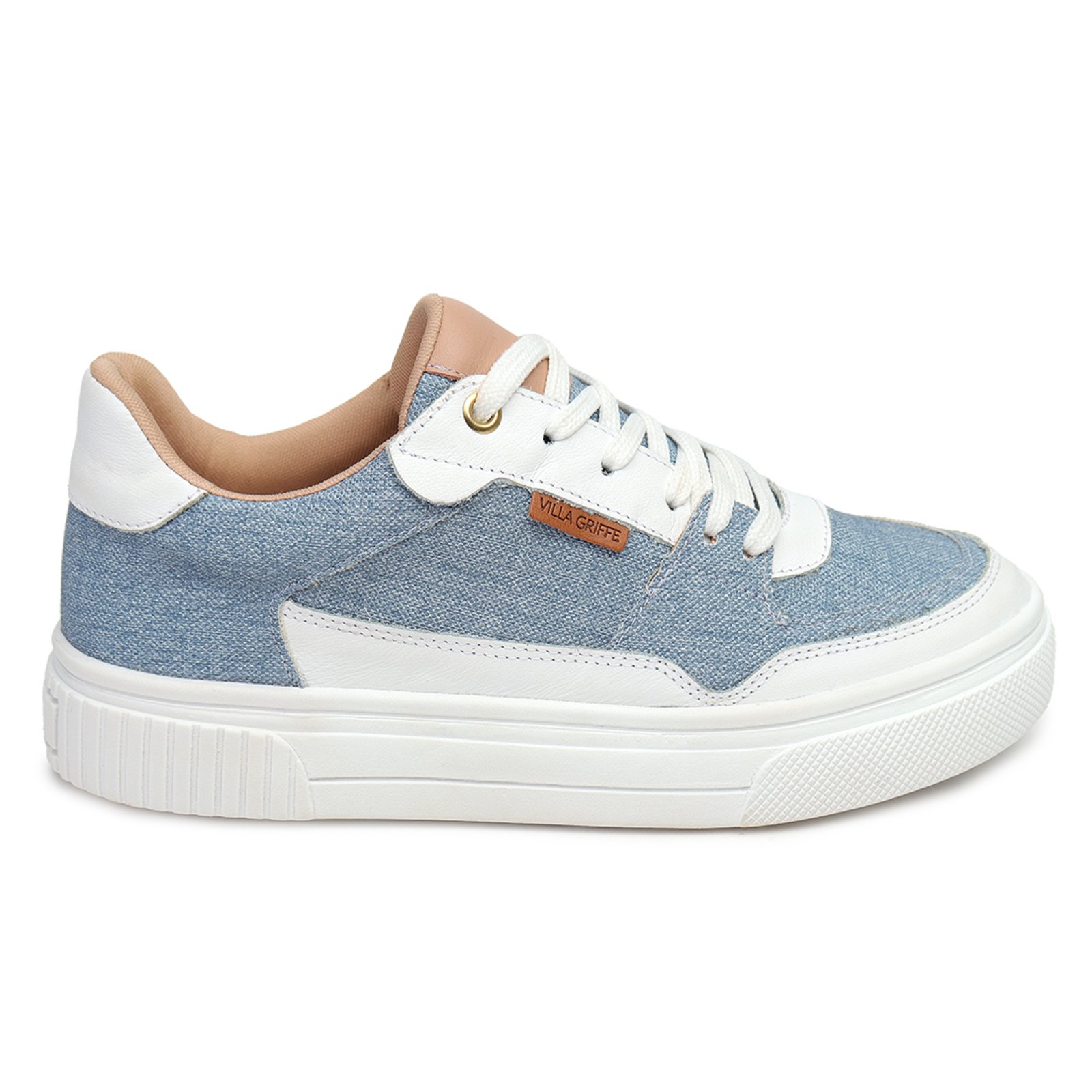 Tênis Casual Feminino Couro Legítimo Branco Jeans Ouro Amarena Flat Conforto