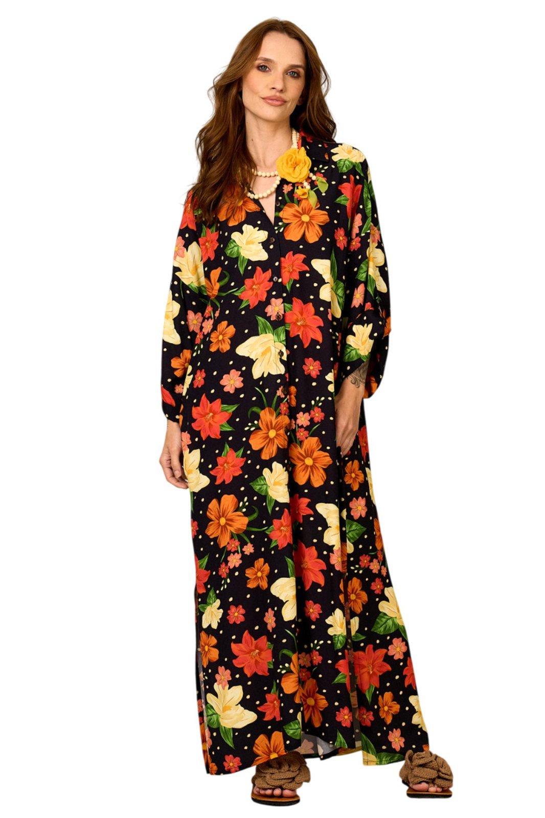 Chemise Longa Ampla Preto Floral Yacamim N3 – Estampado