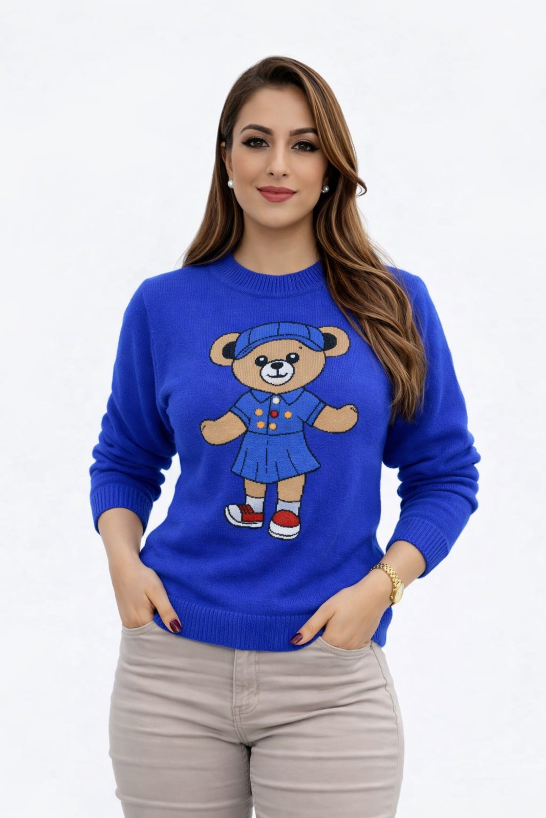 Suéter Tricôt D Bell Outlet Fashion Estampa Urso Azul Royal