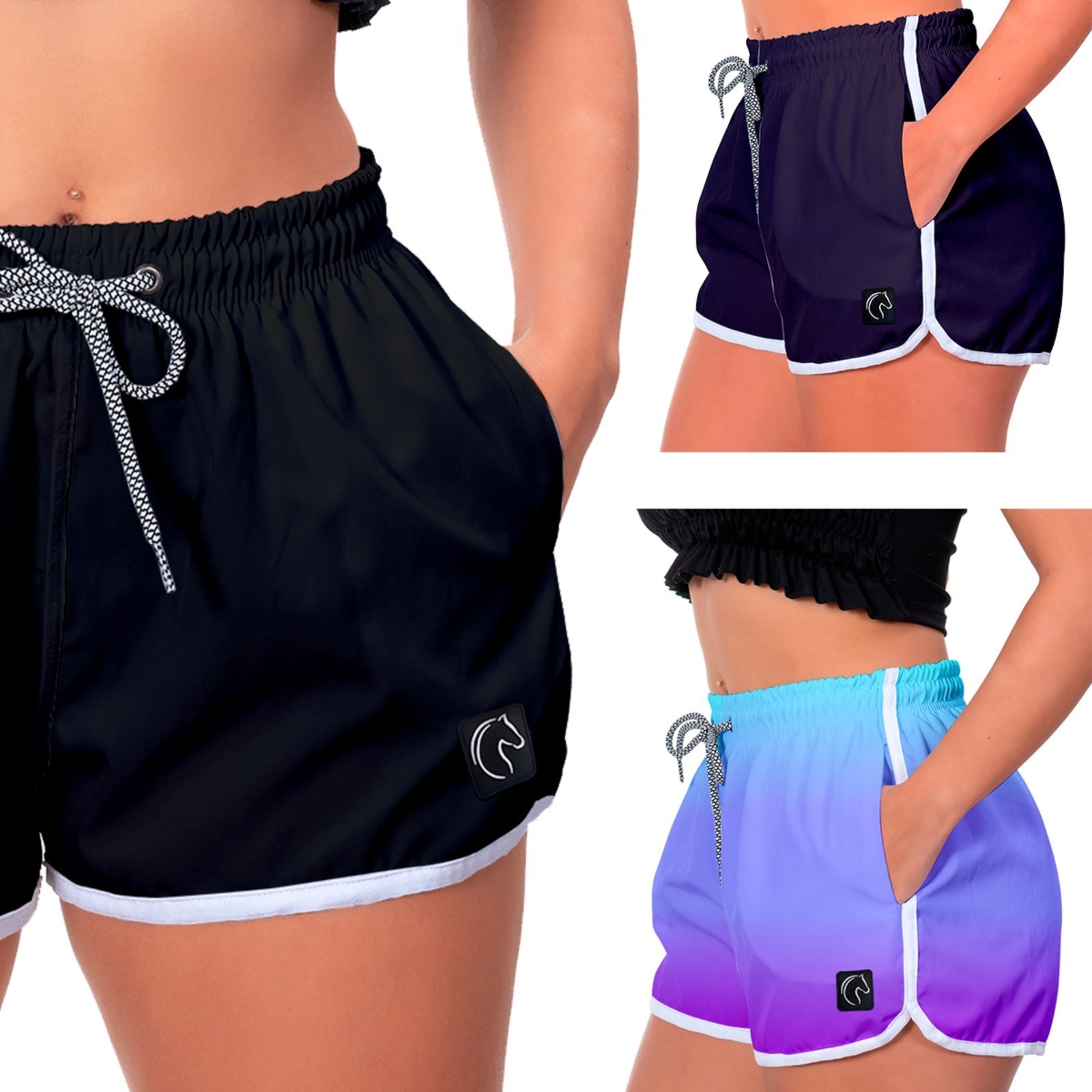 Kit 3 Shorts Feminino Premium Secagem Rápida com Elástico Cordão Ajustável e Bolsos Moda Praia Casual ou Treino Academia Preto, Azul Marinho e Degradê Roxo