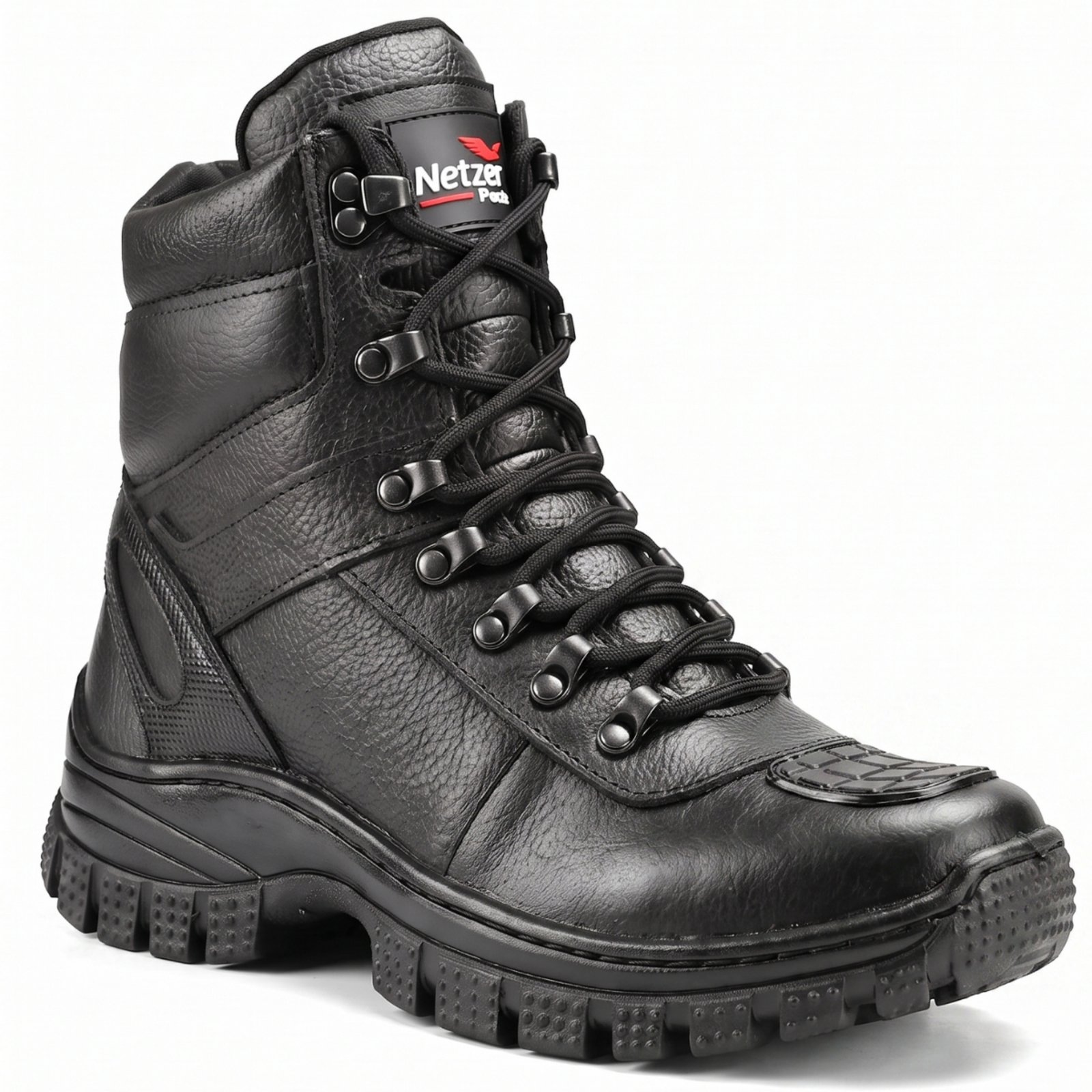 Bota Masculina Couro Cano Curto Coturno Cadarço Tratorada Preta