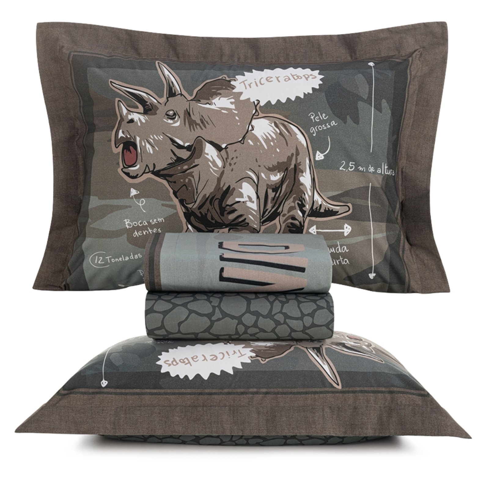 Jogo Cama Casal 200 Fios Karsten Dinossauros T-Rex Cinza