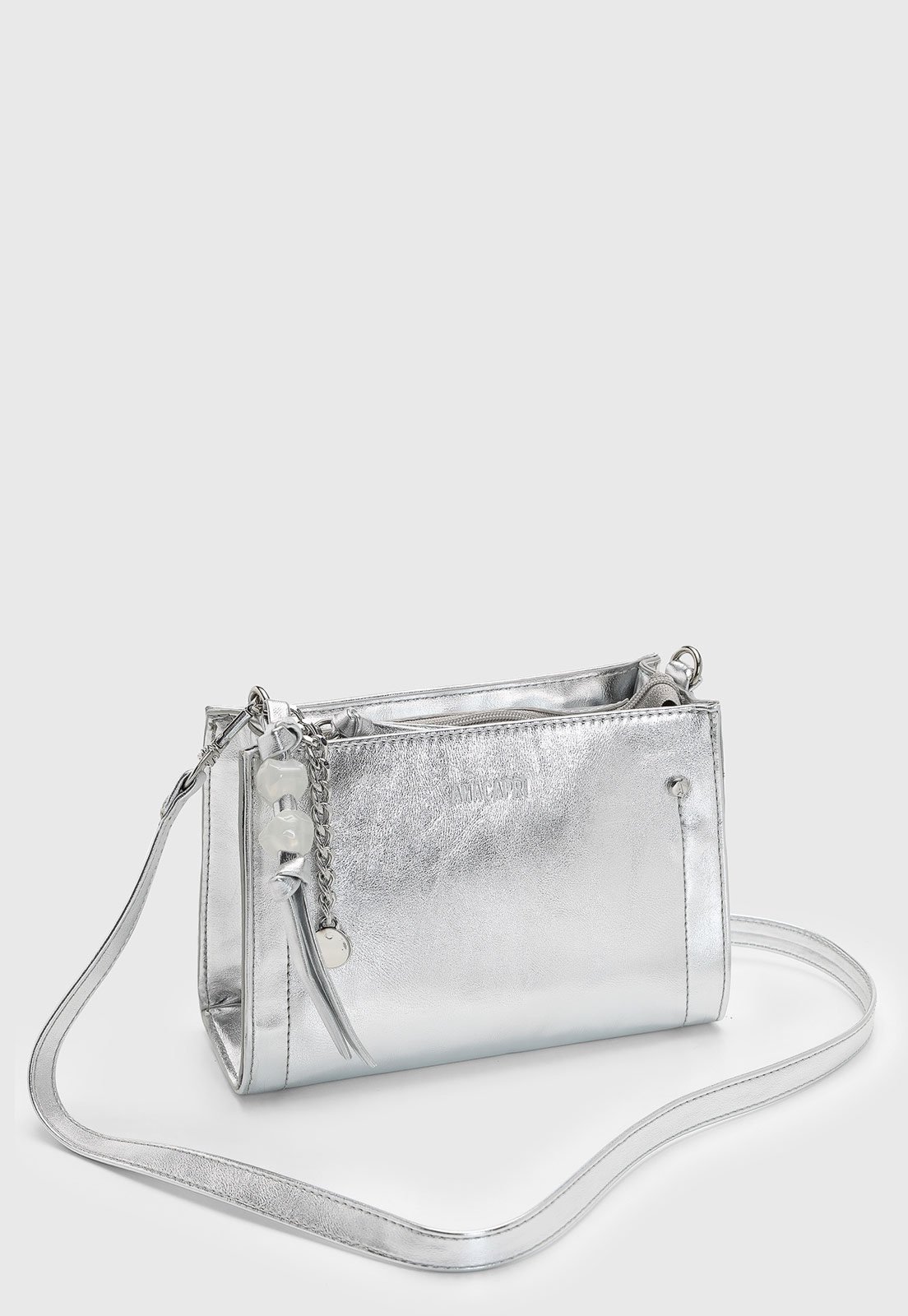 Vista 3 Bolsa Feminina Anacapri Média Detalhe Corrente Prata cinza Anacapri cinza