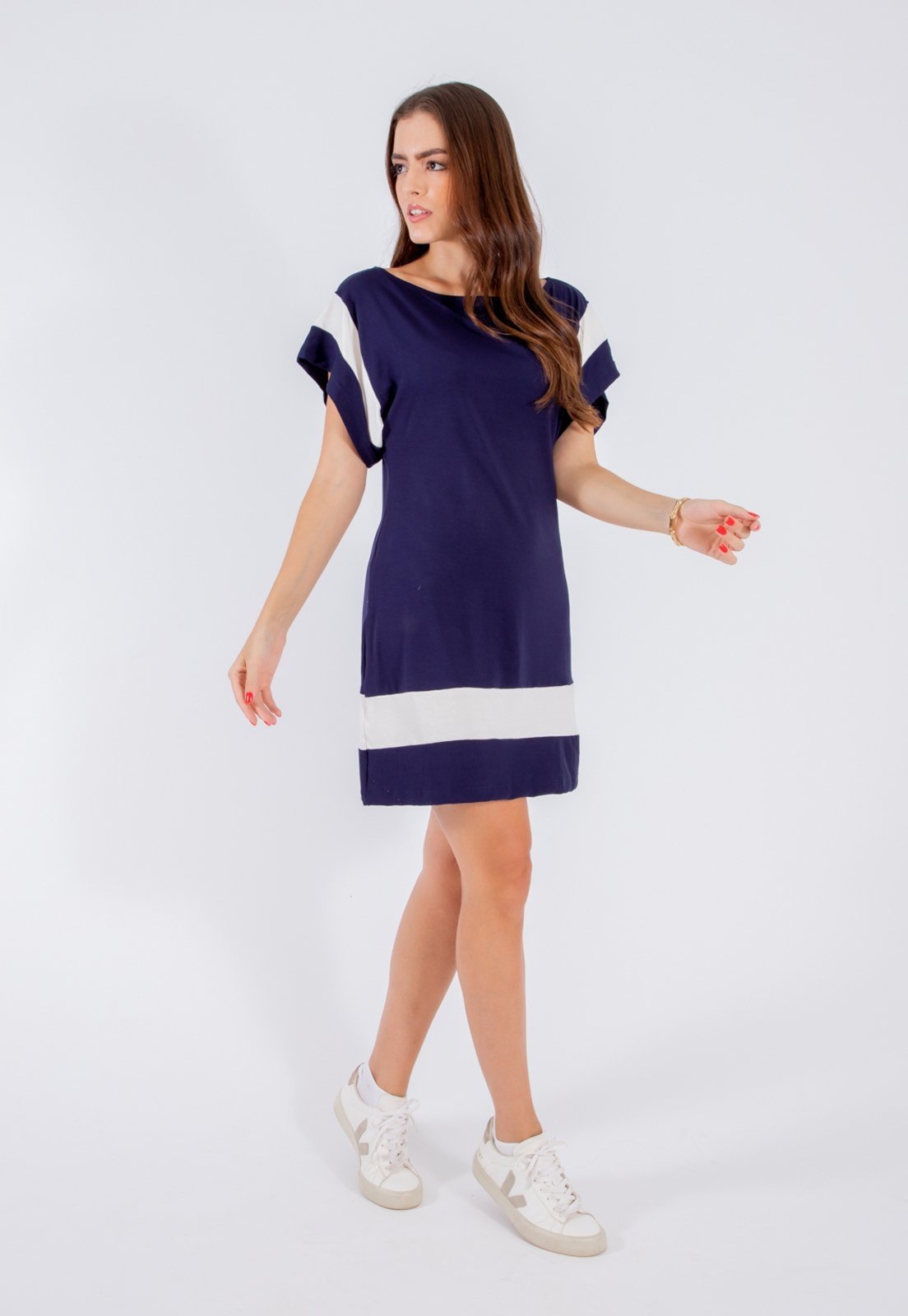 Vestido Viscolycra Maria Paes Curto Marinho e Off White