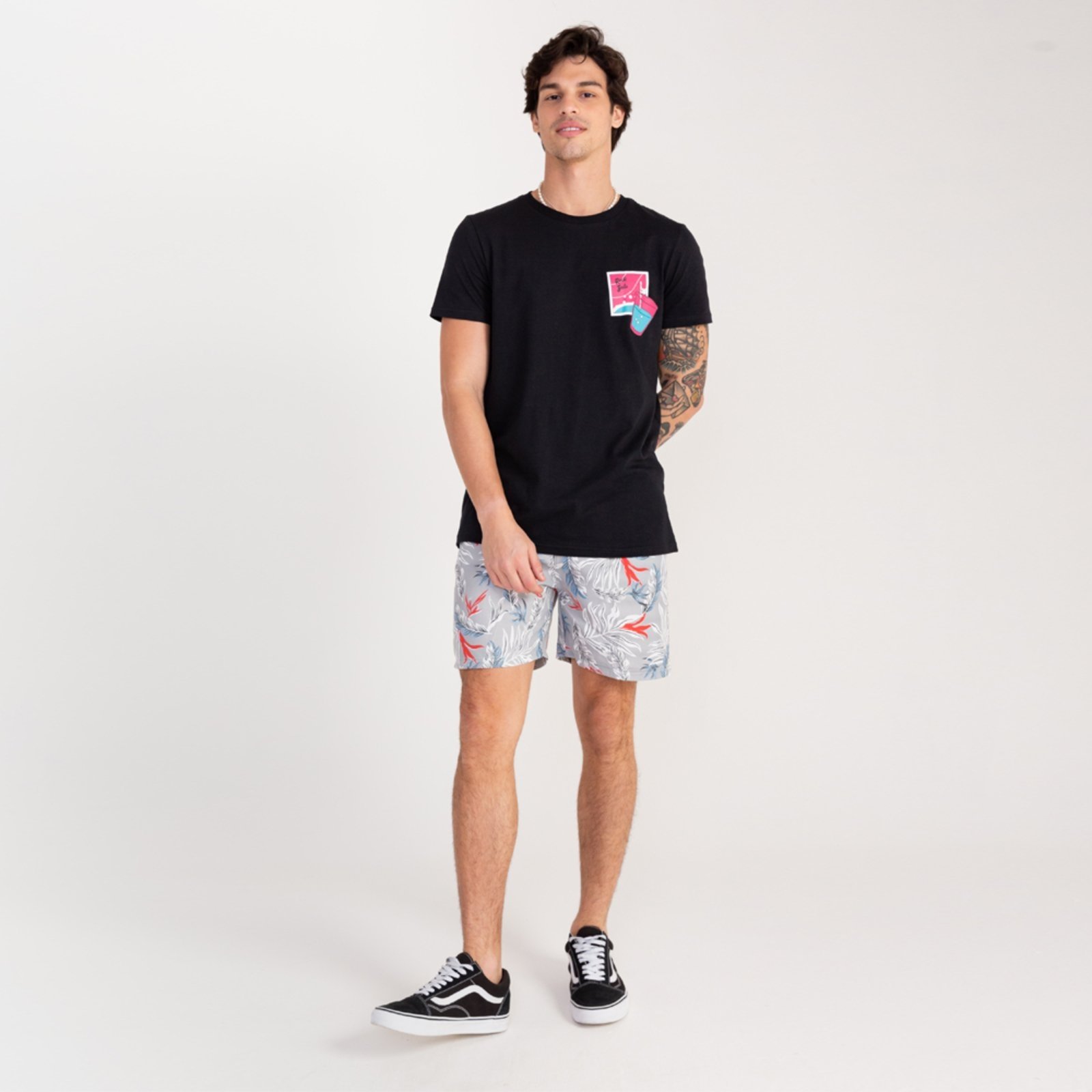 Bermuda Estampada Rock e Soda Masculina Elástico Praia Verão Cinza