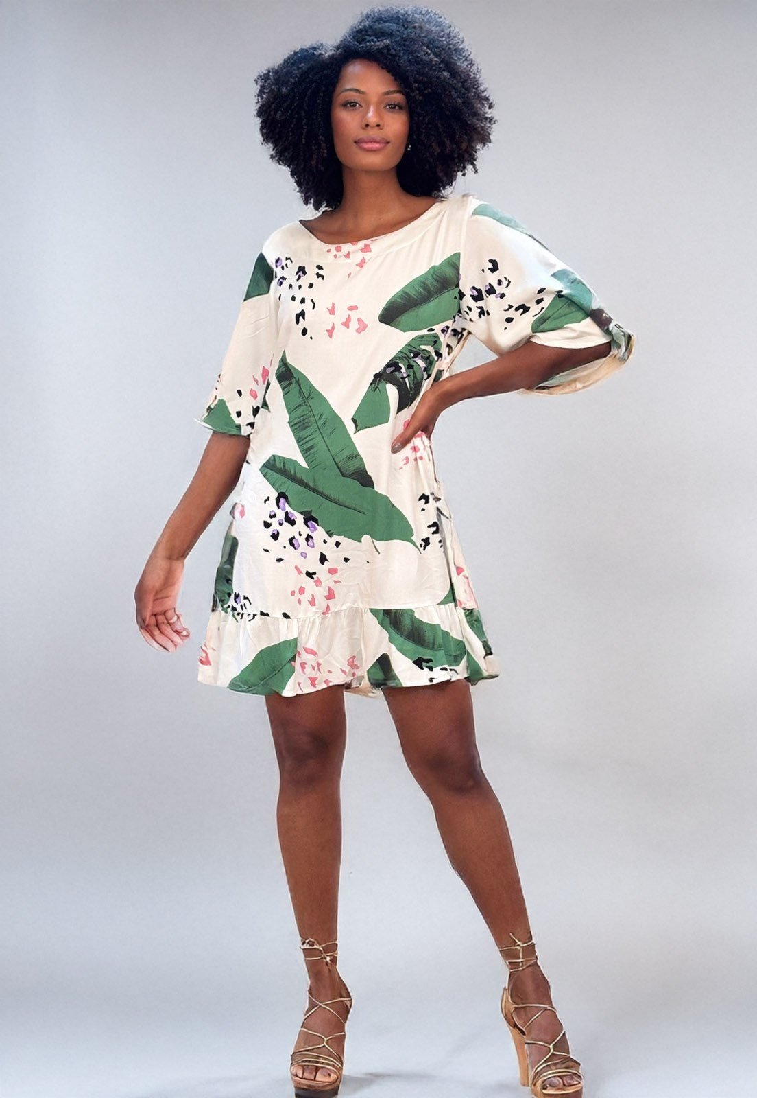 Vista 3 Vestido Amazonia Vital Curto Viscose Estampa Folhagem Poética estampado/preto/verde Amazonia Vital estampado/preto/verde