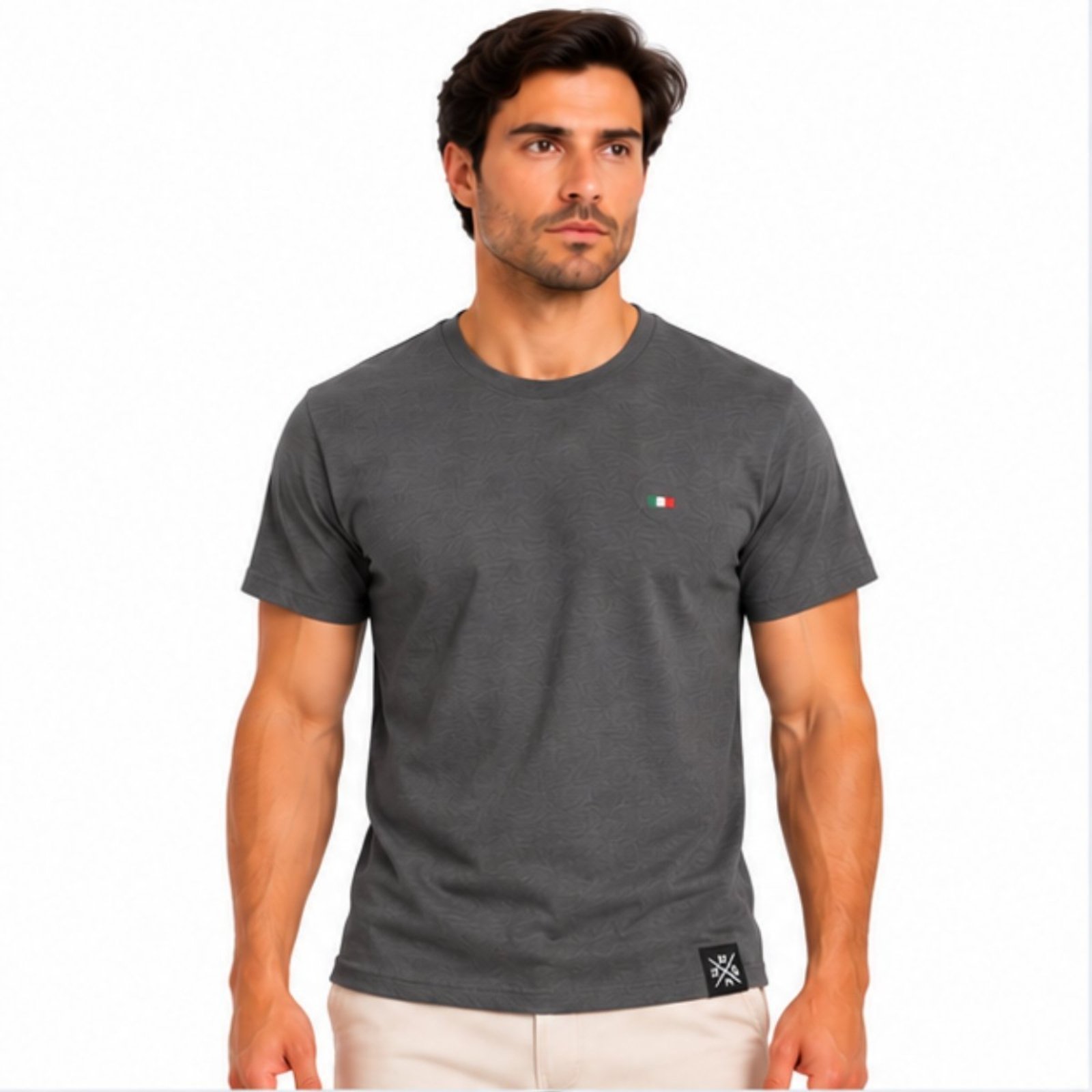 Camiseta Básica Masculina FMF Itália Algodão Premium Bordada Casual Chumbo