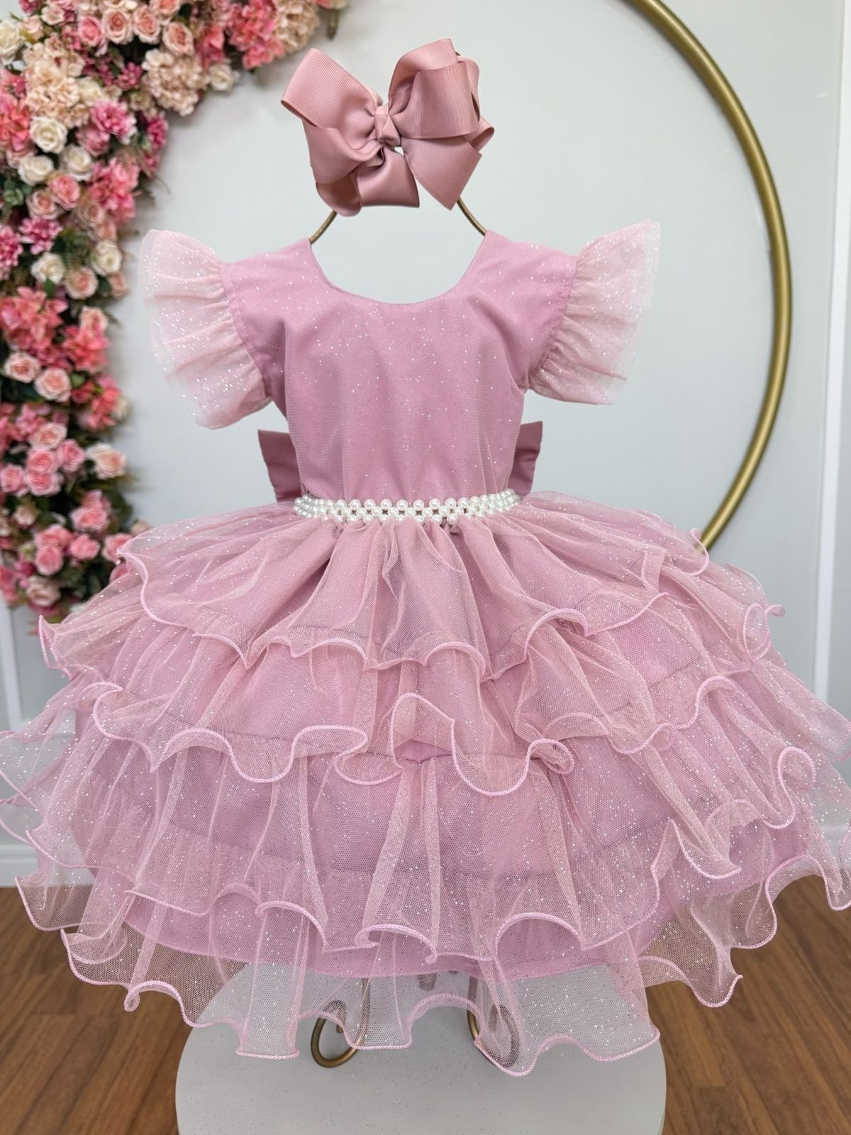 Infantil - Vestido Festa Rosa Rosé Nude Amêndoa Formatura Florista Casamento Babados Dama Daminha Social Menina Juvenil Pérolas Princesa Rodado Aniversário Luxo