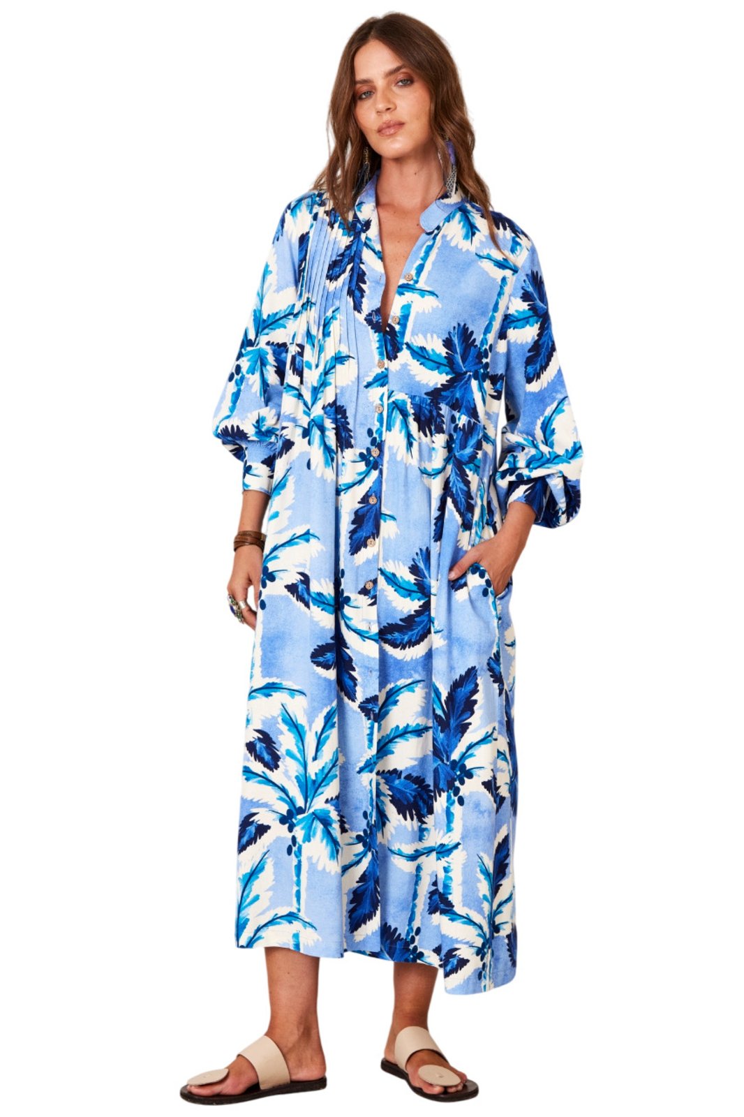 Chemise Midi Amplo Azul Estampa Tropical Yacamim P9 – Estampado