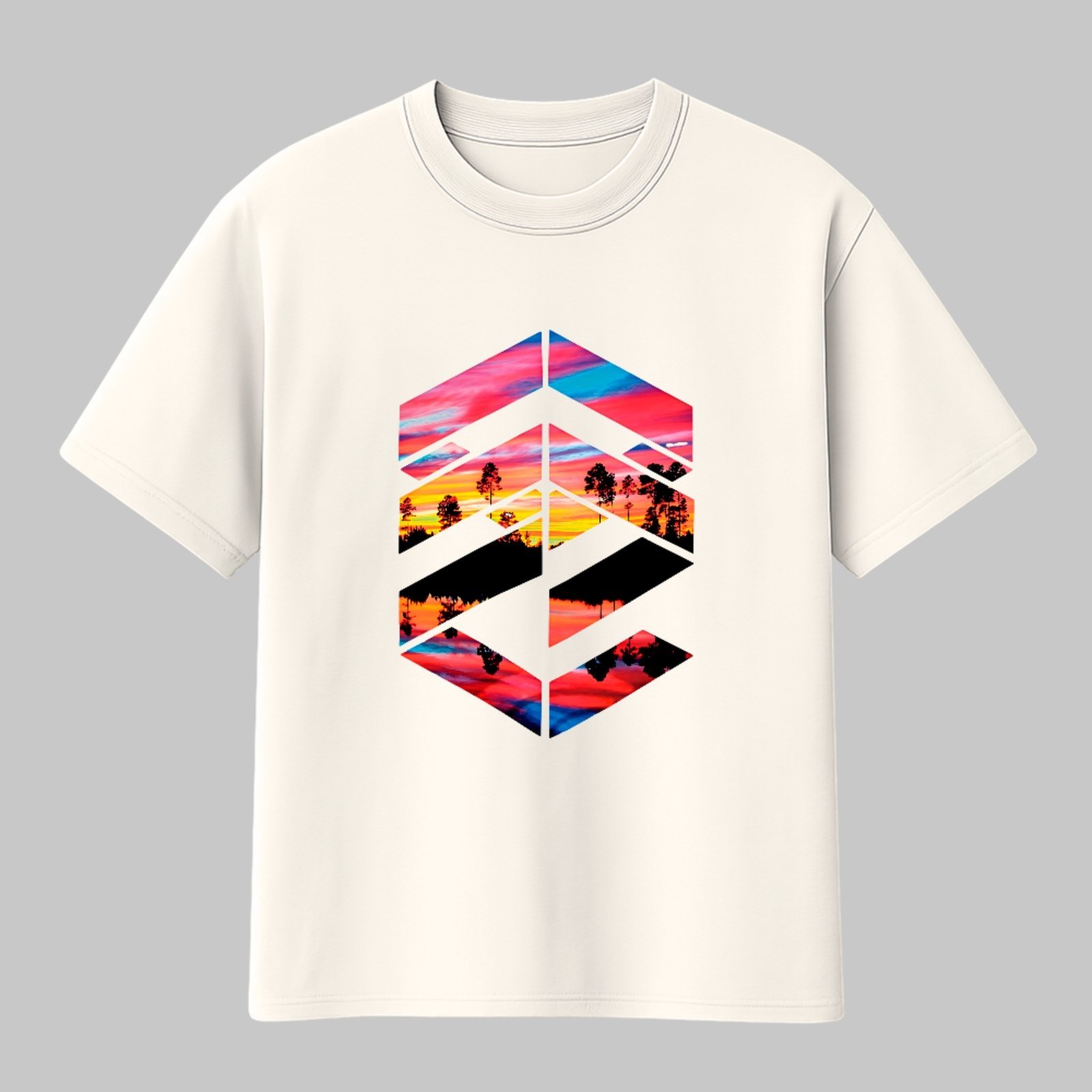 Camiseta Básica Geometric Sunset Landscape Unissex Off White