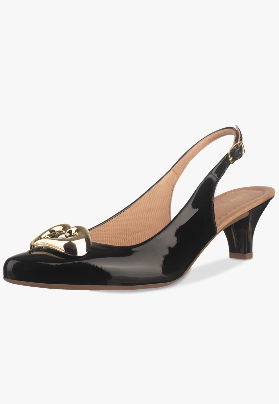 Scarpin Feminino Slingback Salto Fino Baixo Bico Fino Coração Preto Verniz
