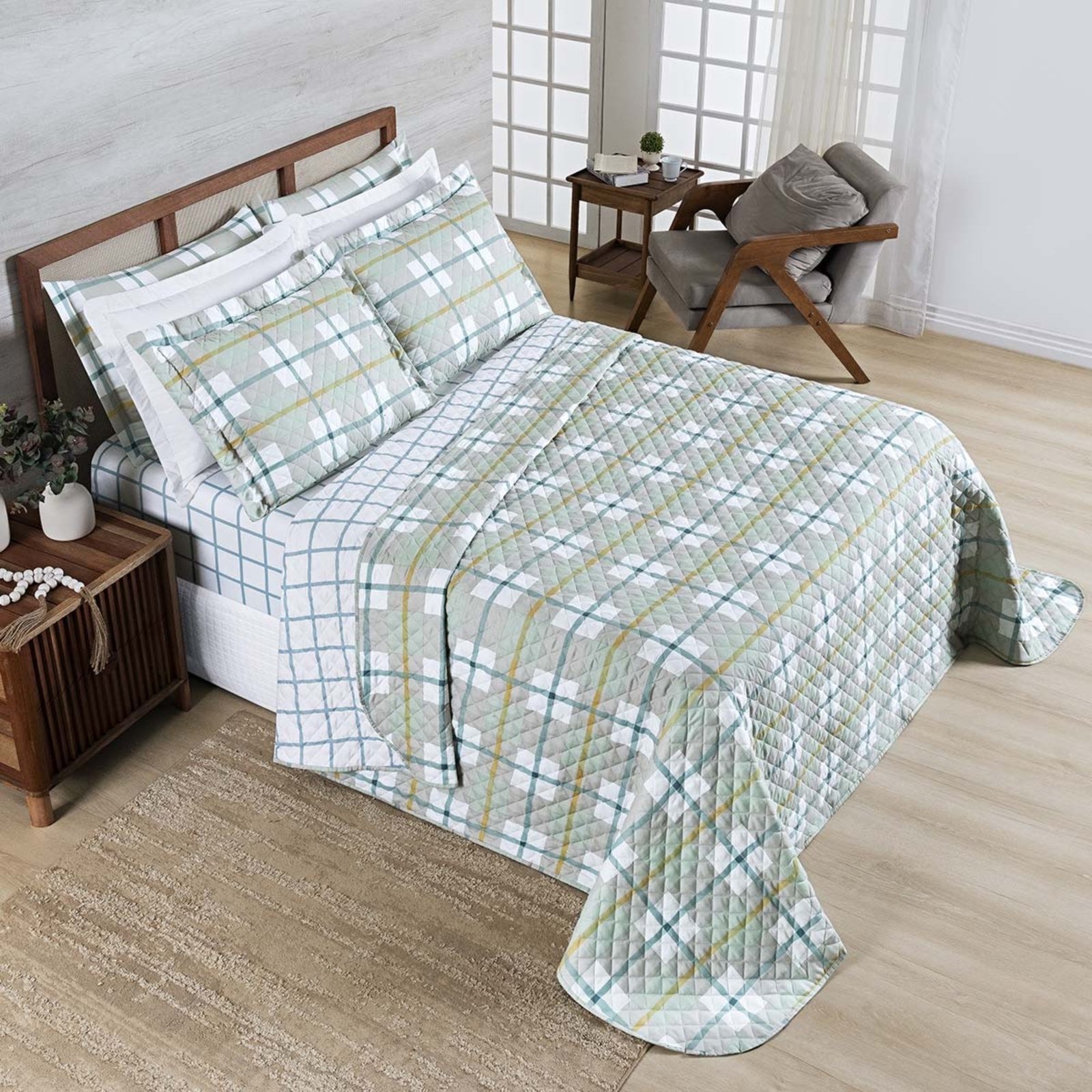 Kit Cobre Leito Colcha Casa Scarpa Belle Queen Estampado Dupla Face 400 Fios 3 Peças Grid Verde