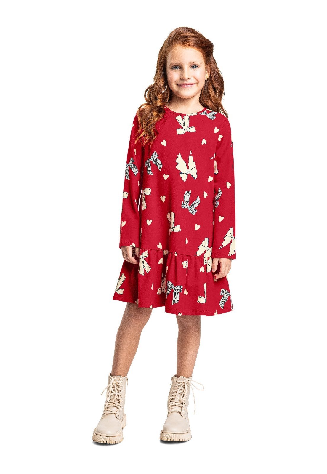 Infantil - Vestido Cotton Laços Corações Bee Loop Vermelho