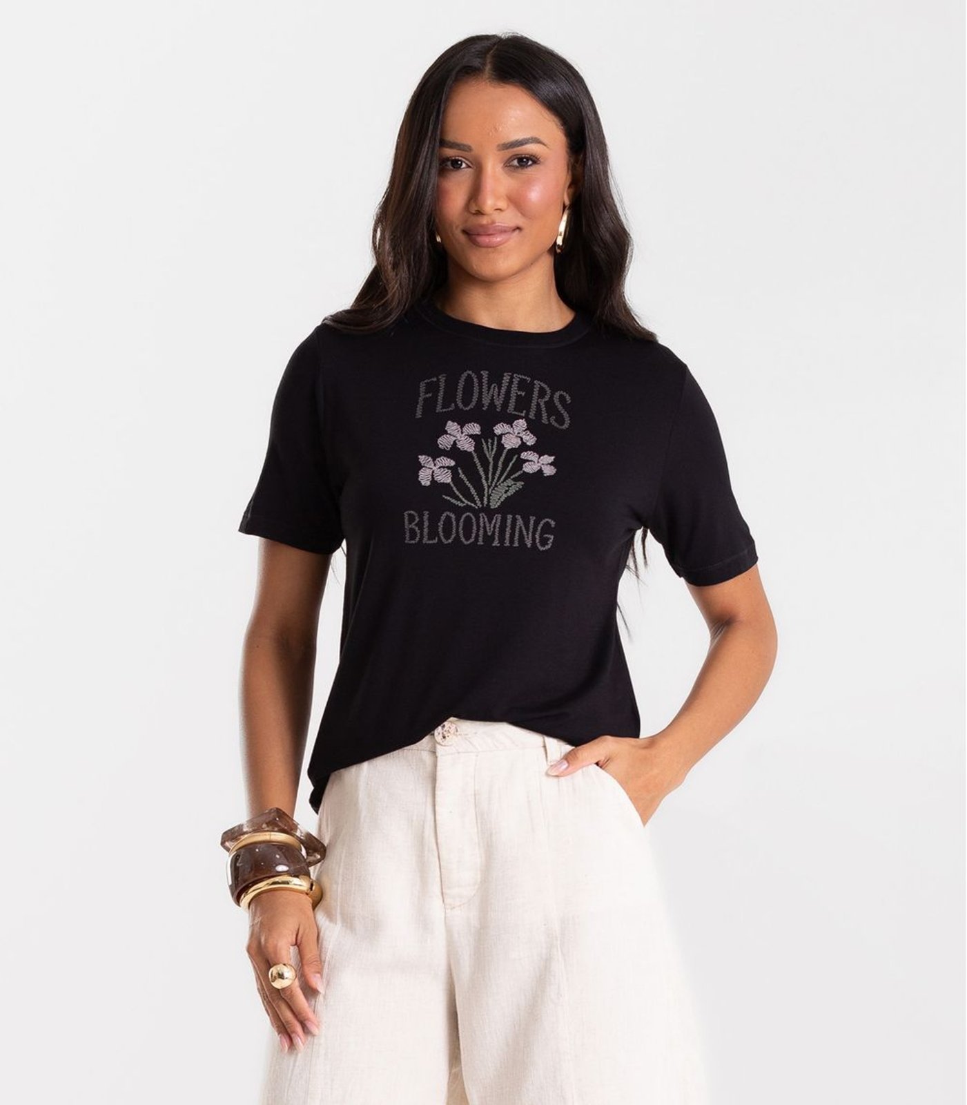 Blusa Feminina Viscotorcion Com Estampa Rovitex Preto