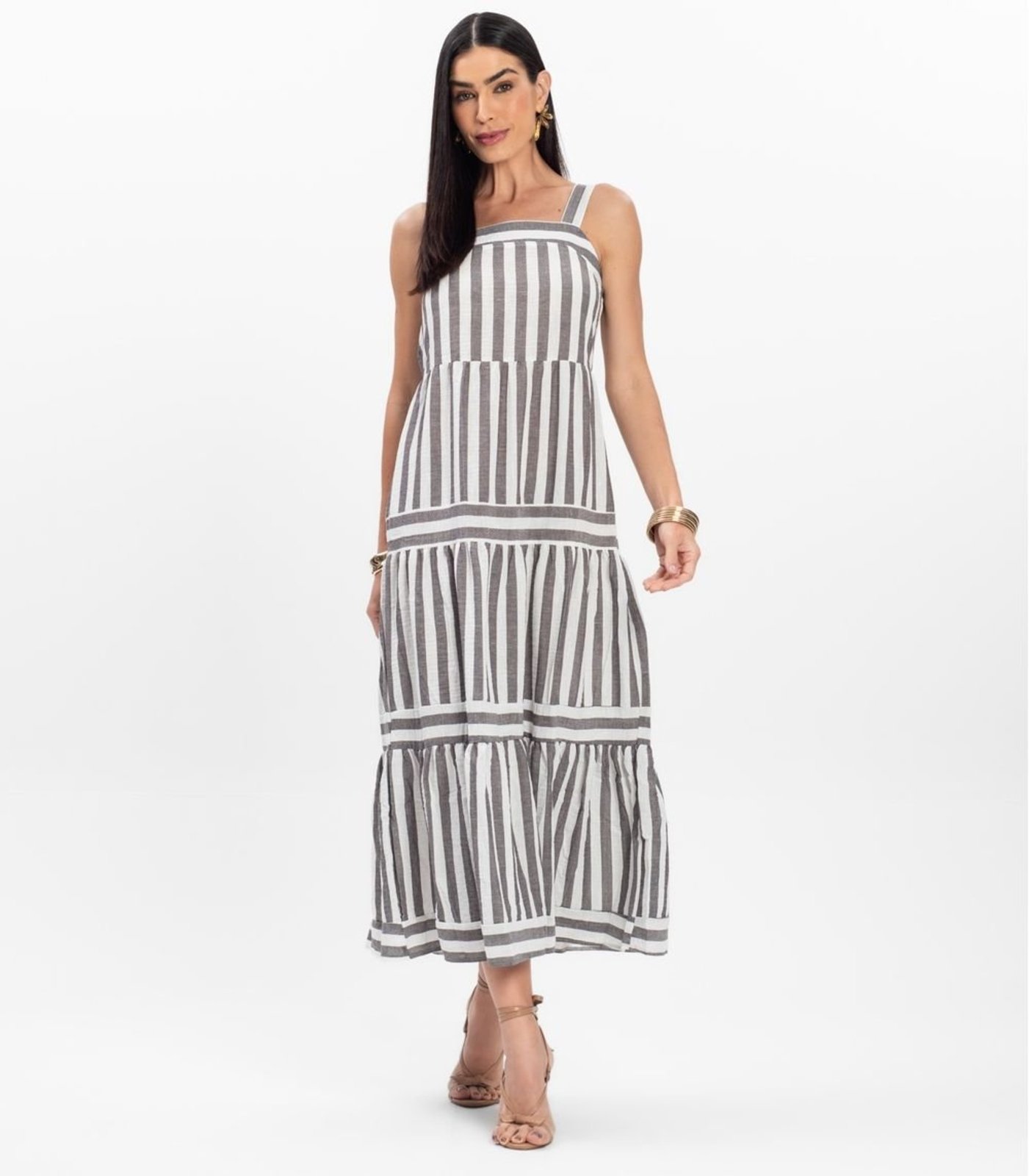 Vestido Midi Feminino Listrado De Alça Aishty Preto
