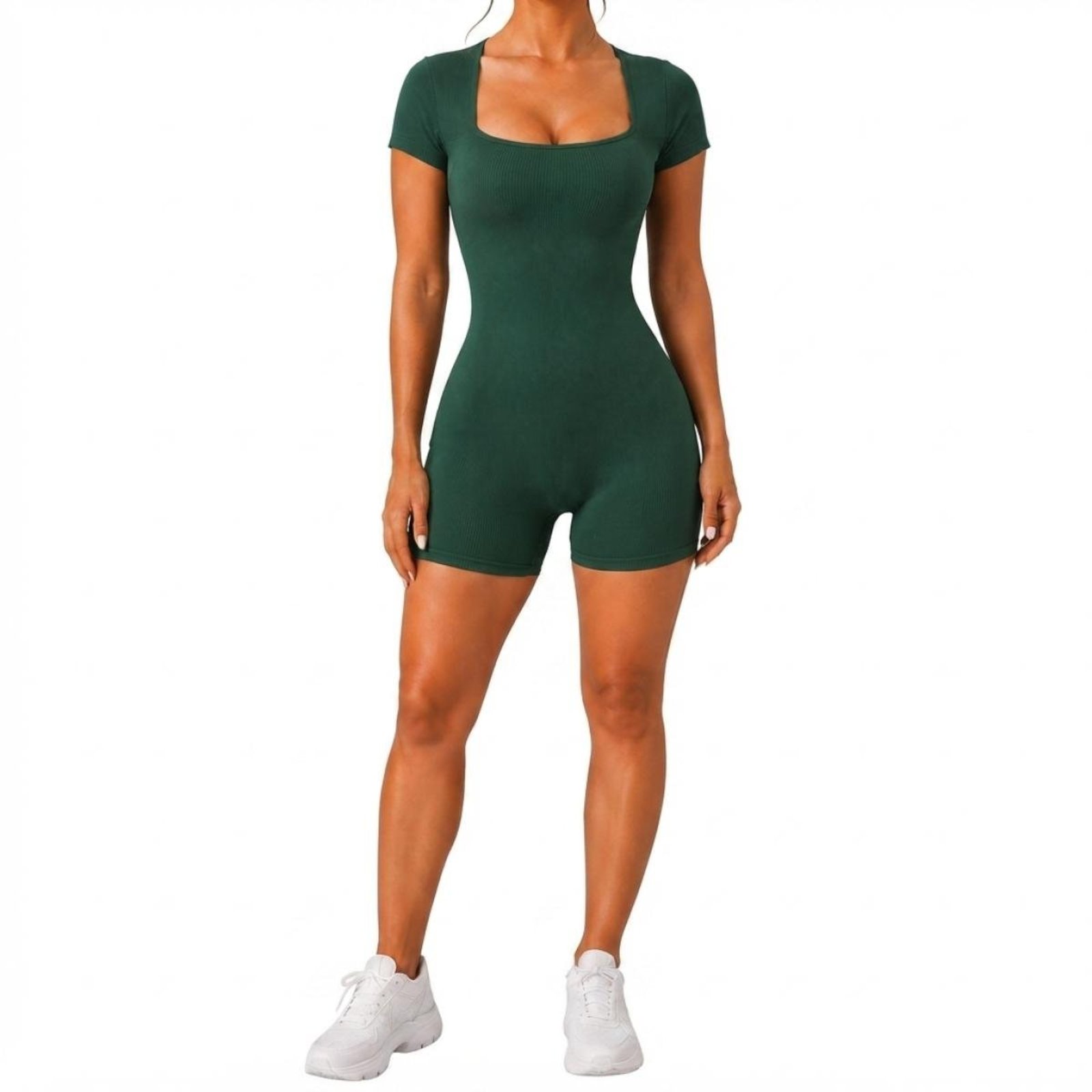 Macaquinho Feminino Fitness Canelado com Decote Quadrado e Manga Curta