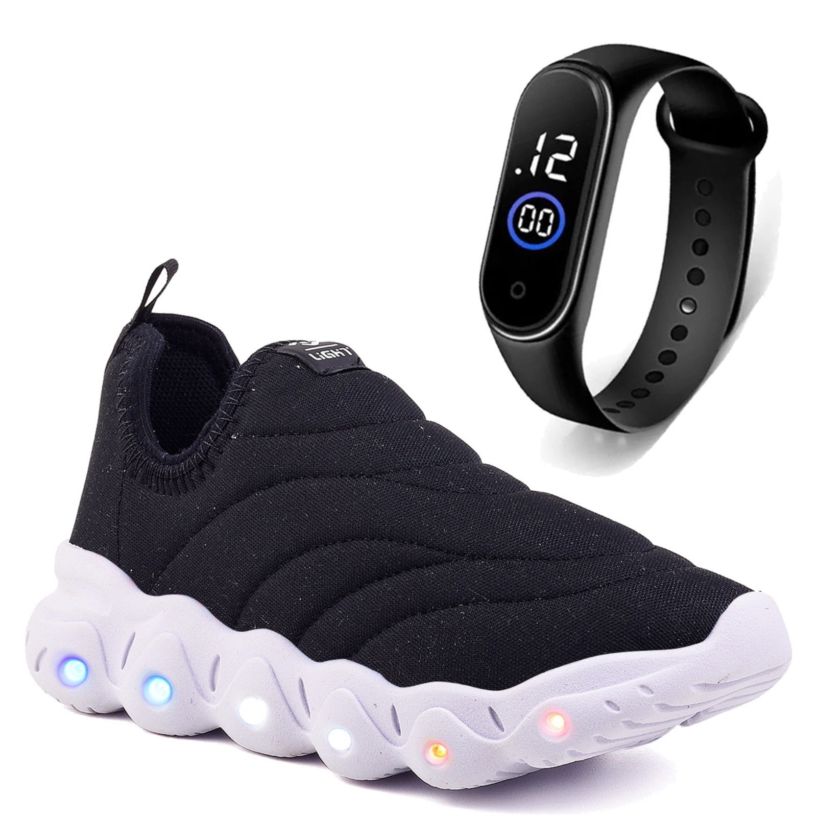 Infantil – Tenis de Led Menino e Menina Calce Facil Preto e Branco e Relógio