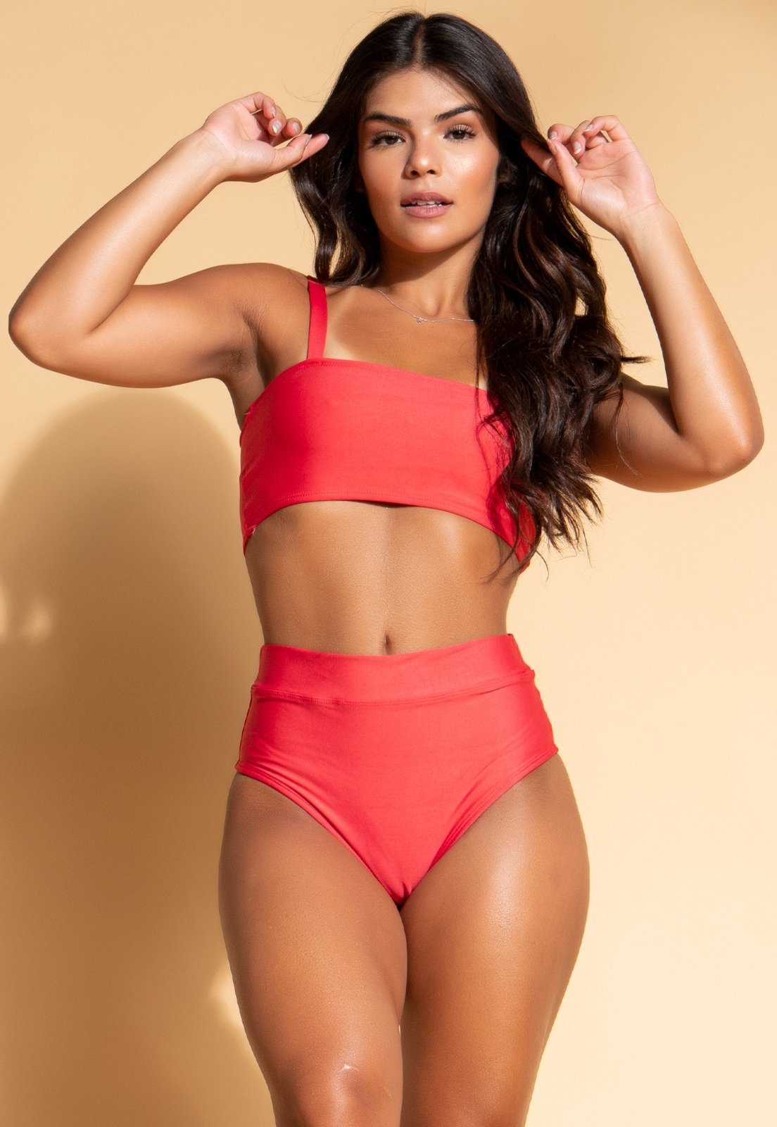 Biquini Mood Modas Hot Pants Top Faixa Cintura Alta Feminino Praia Verão 315 Vermelho