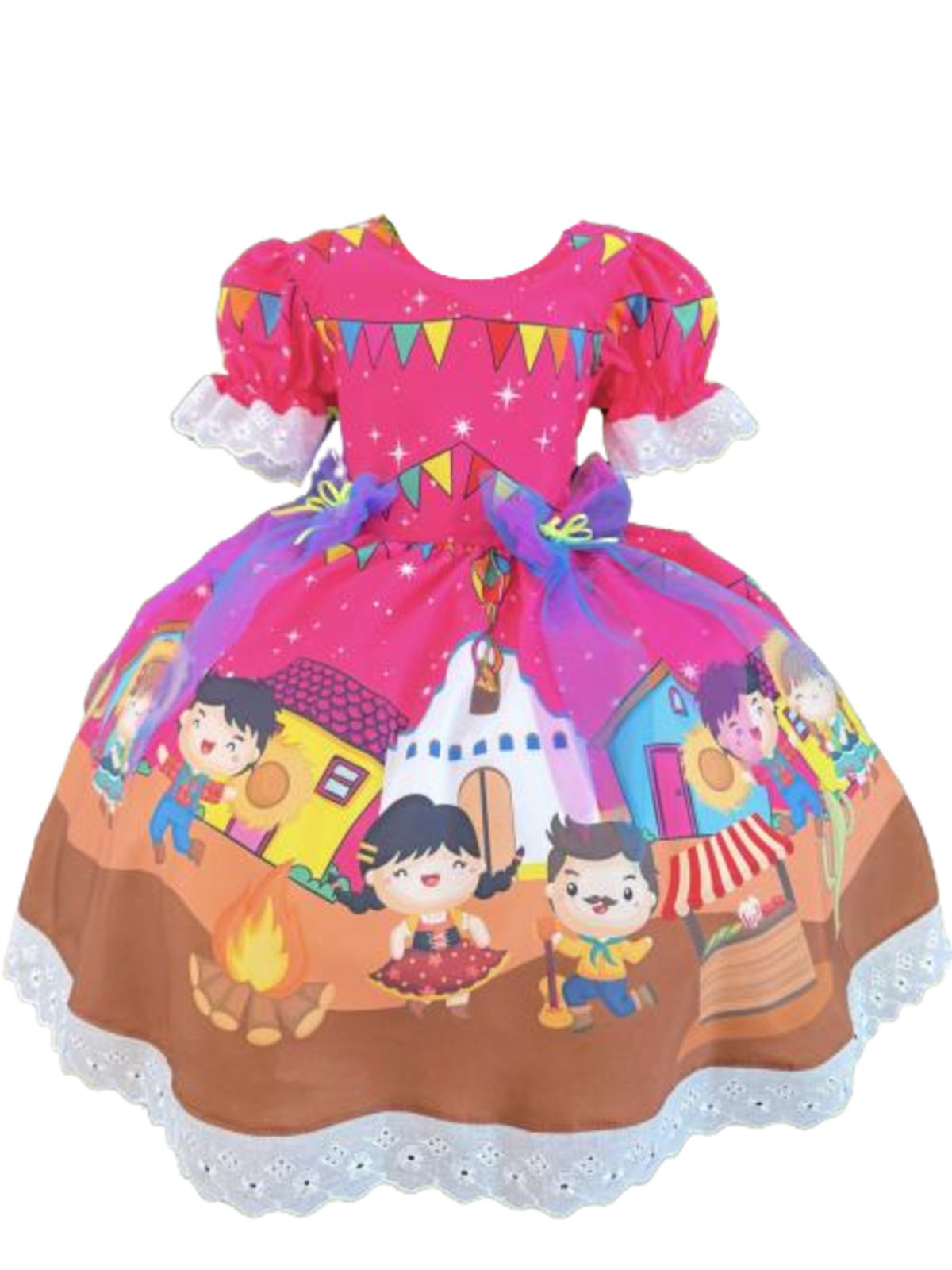 Infantil - Vestido Festa Junina Rosa Pink Junino Caipira Quadrilha Sinhá Fogueira Juvenil Rodado Luxo