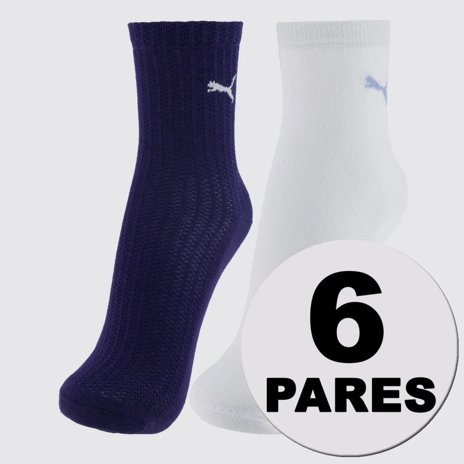Kit Meia Puma Cano Médio 6 Pares Feminina Branca e Marinho