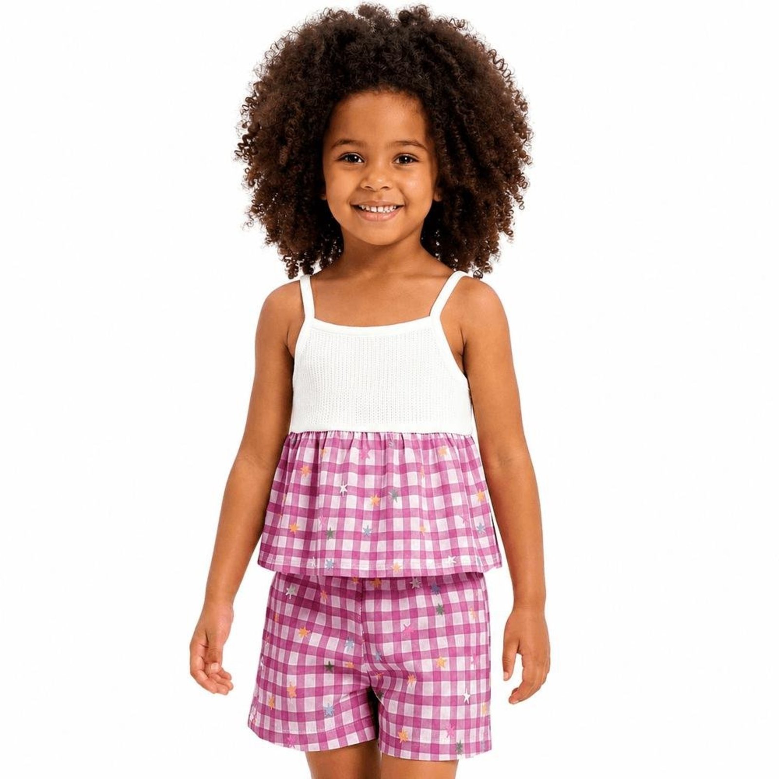 Infantil - Conjunto Menina Xadrez Collors Alphabeto Off e Rosa Off-white