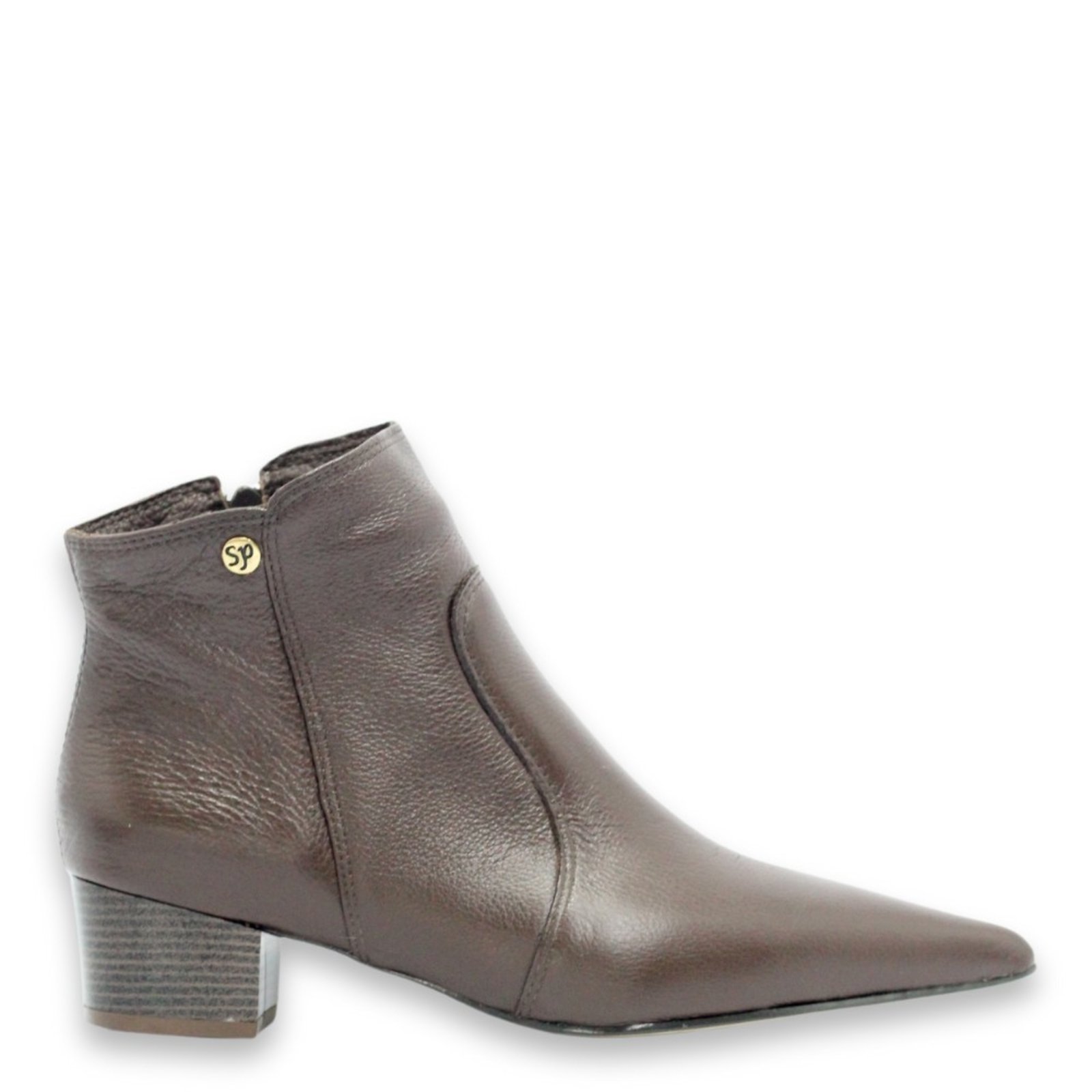 Vista 2 Bota Feminina em Lã Sintética Bico Fino Cano Curto Couro Salto 4 CM Spinelli café Spinelli café