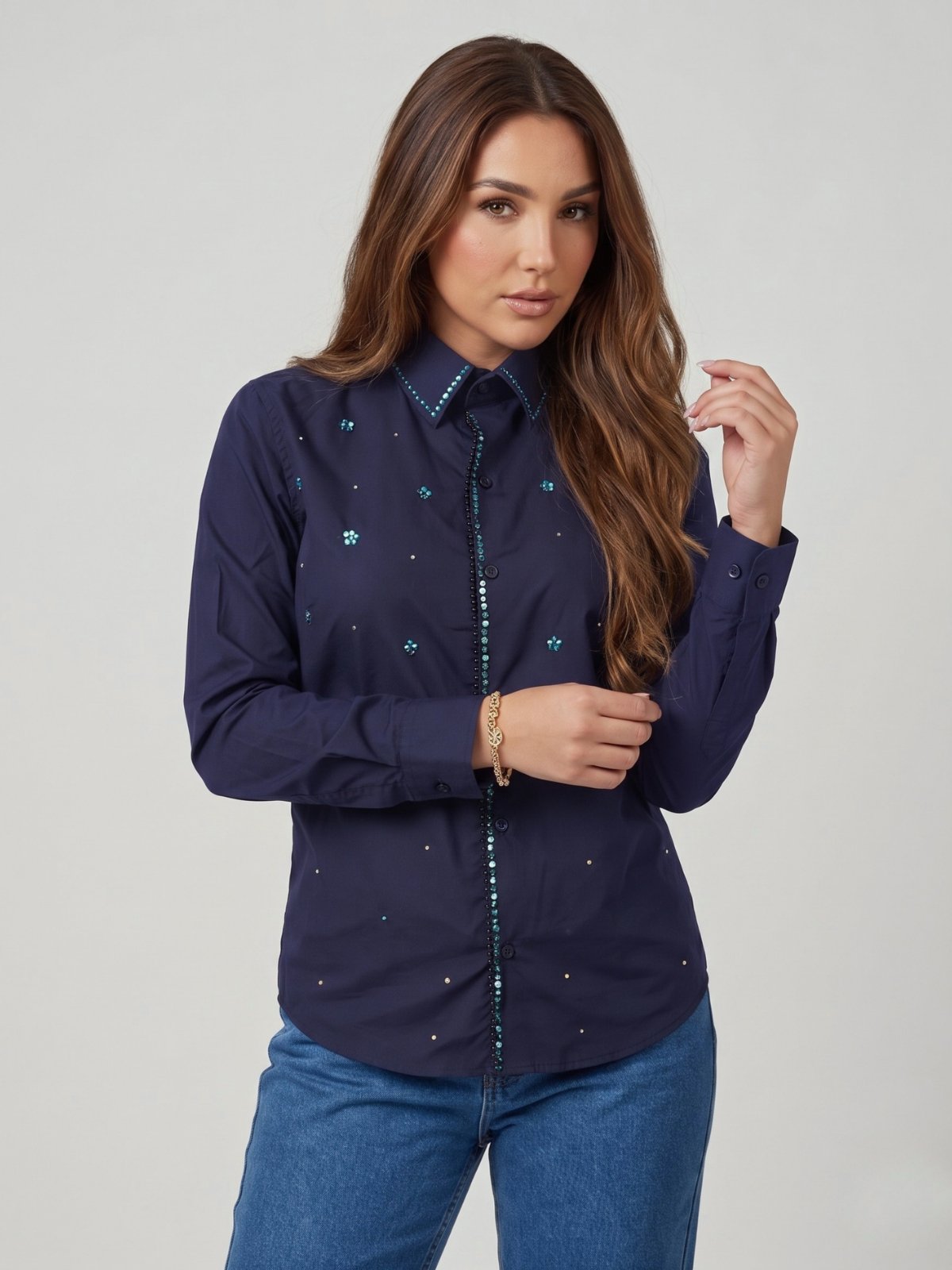 Camisa Social Feminina Azul Marinho com Lantejoulas e Strass Brilhantes Blusa de Luxo Manga Longa