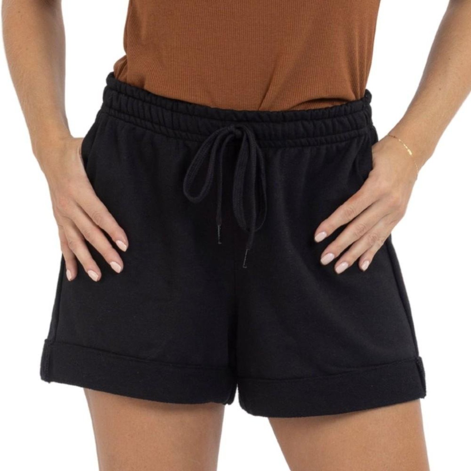 Short Moletom Feminino Casual Confortável Com Bolso