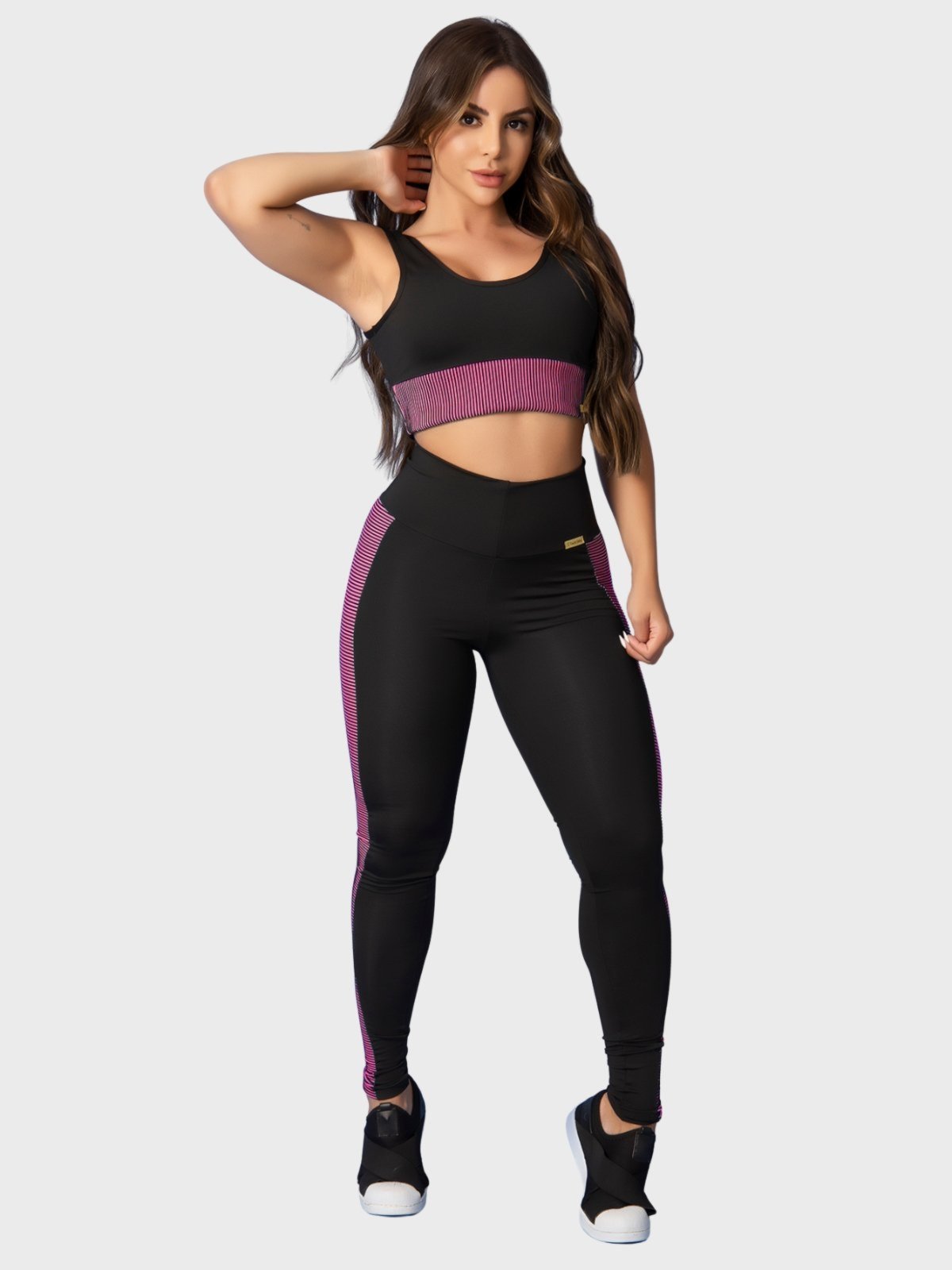 Conjunto Fitness Tarelles Top Calça Legging Detalhe 3D Preto e Rosa