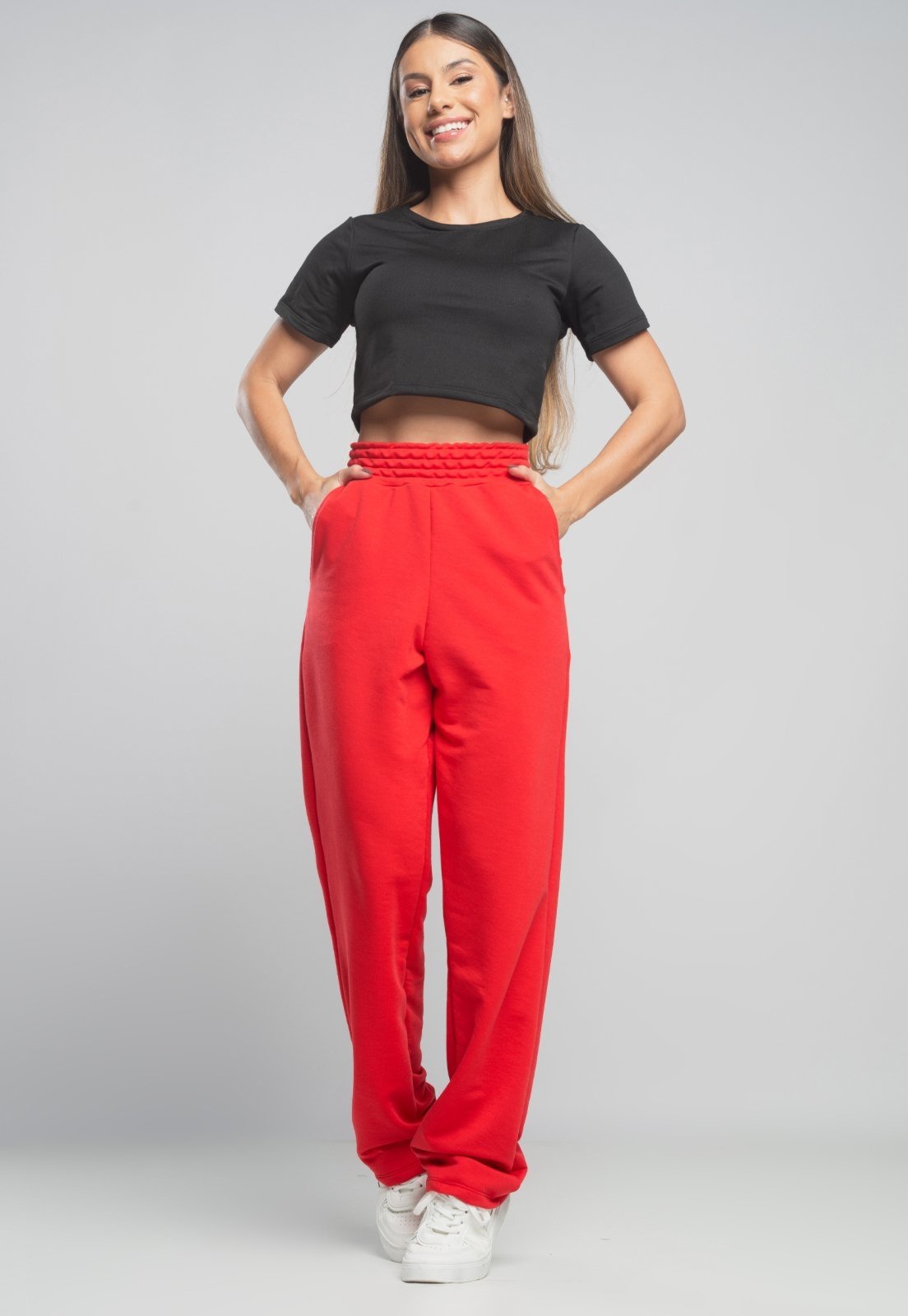 Calça MVB Modas Pantalona Flare Franzida Wide Leg Moletinho Vermelho