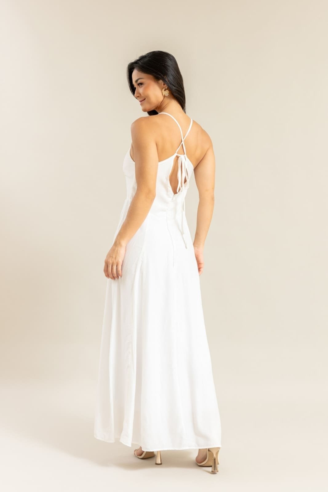 Vista 3 Vestido Cetim Feminino com Alças e Zíper Lemier Collection Off White off-white white LEMIER off-white white