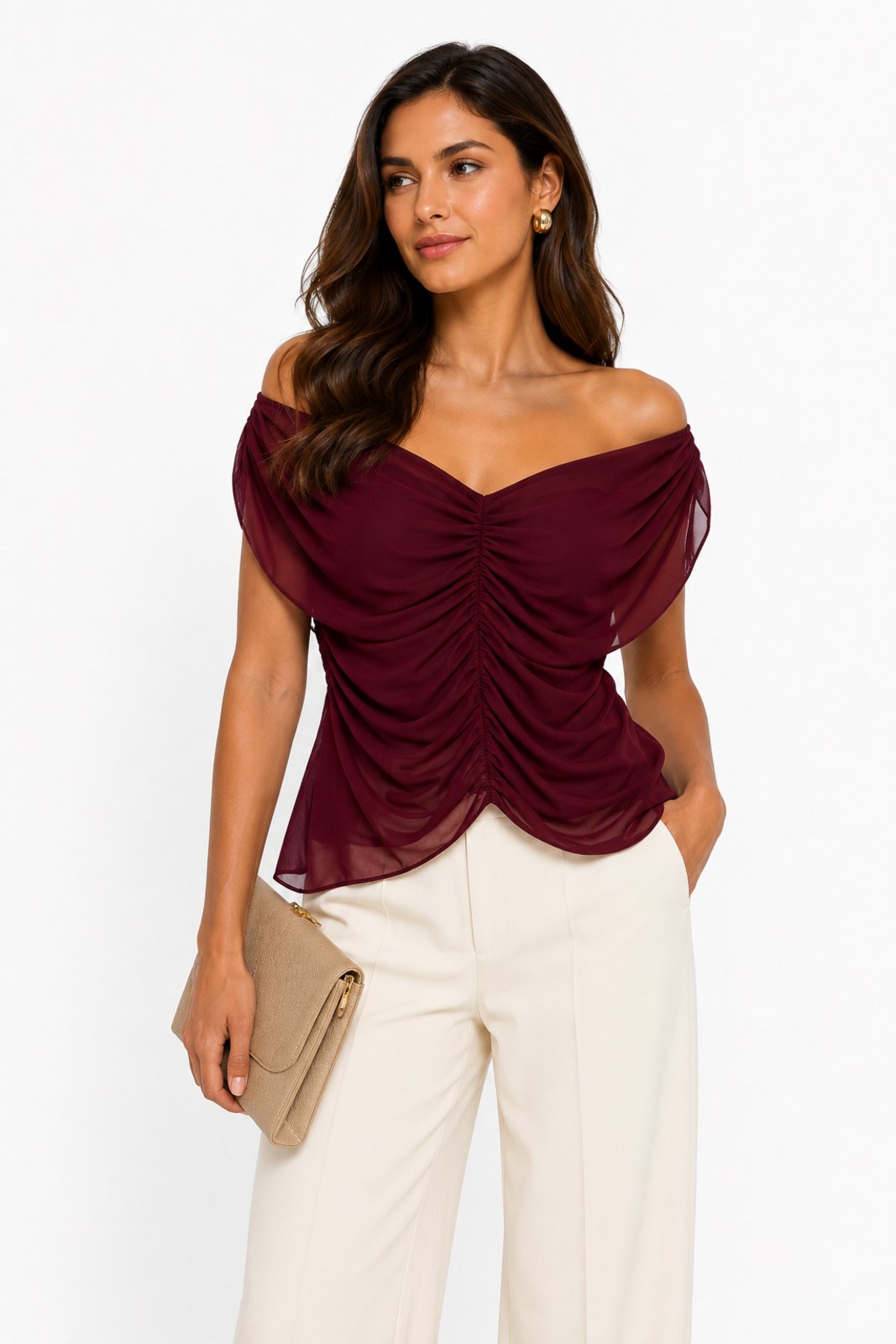 Blusa Tule D Bell Outlet Fashion Drapeada Marsala
