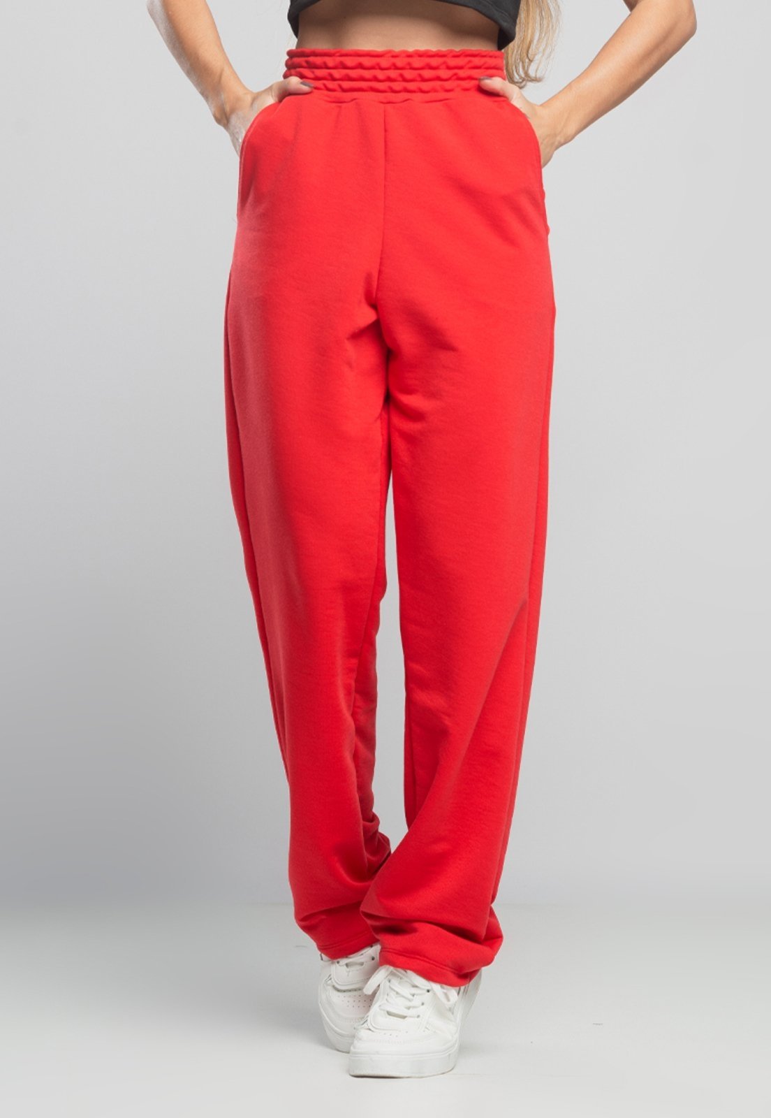 Calça MVB Modas Wide Leg Pantalona Franzida Boca de Sino Moletinho Vermelho