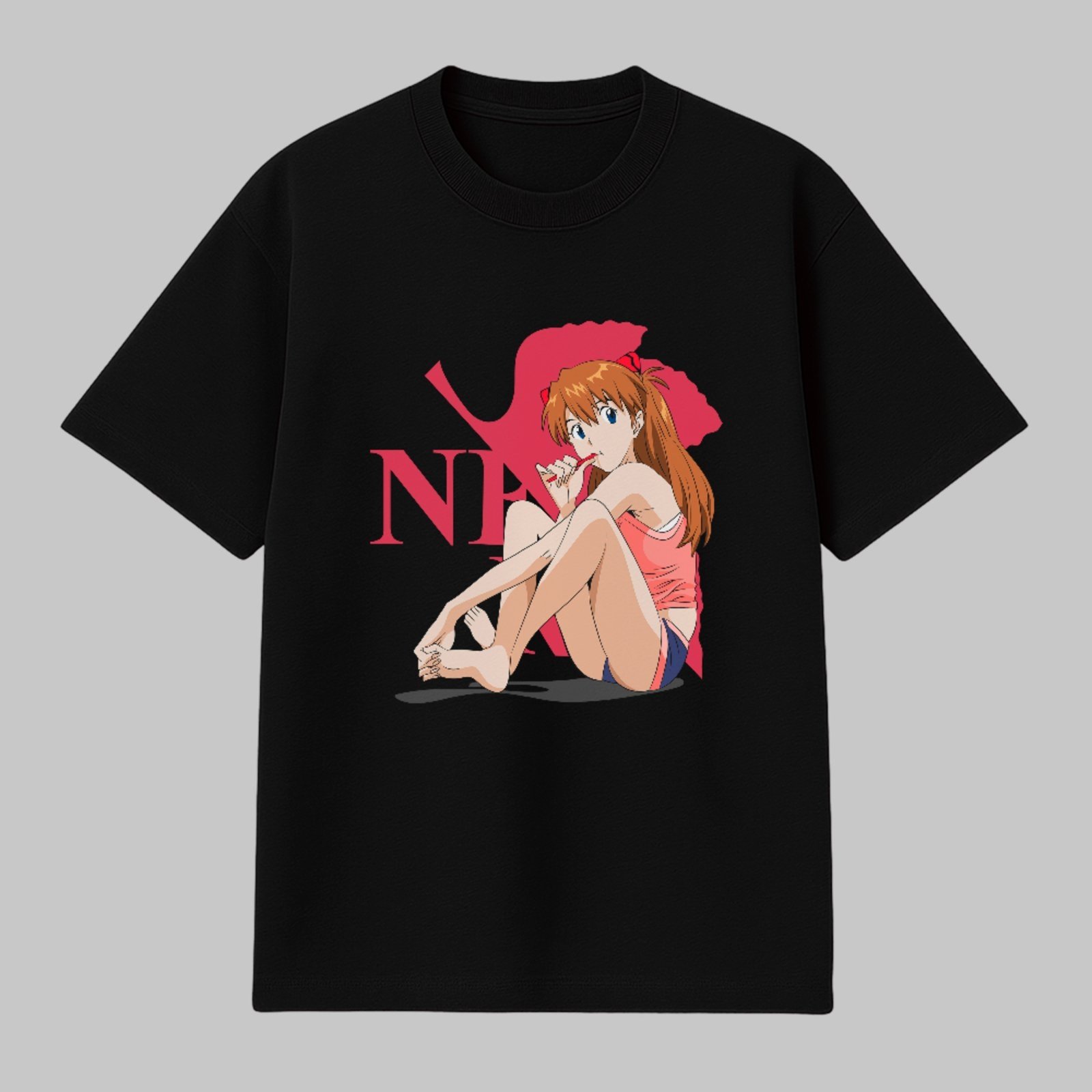 Camiseta Básica Asuka Langley Estilo Evangelion Anime Unissex Preto