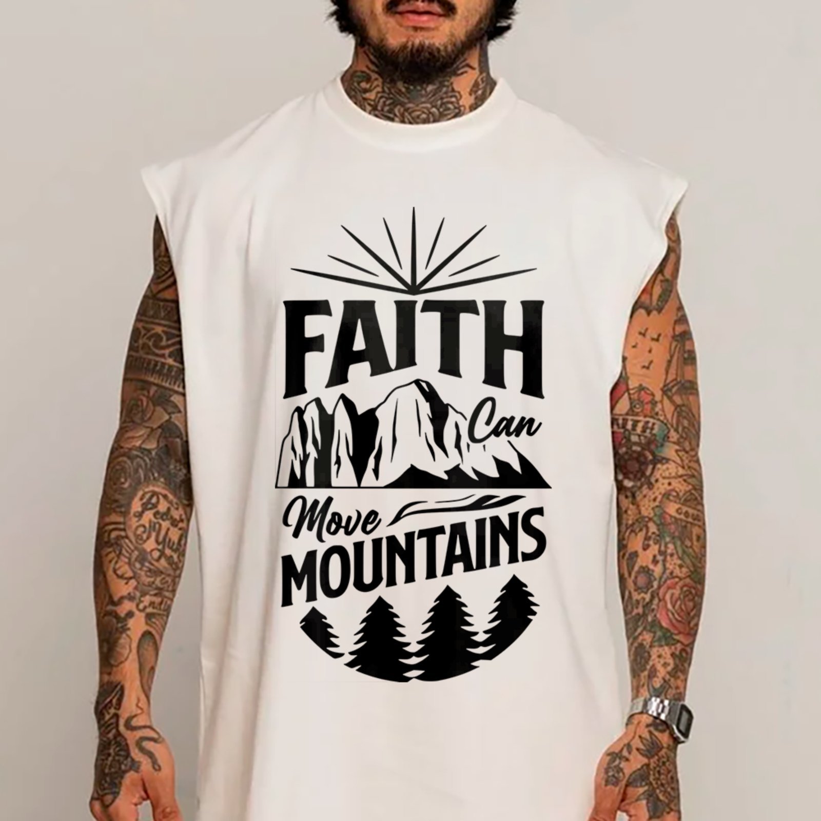 Camiseta Regata Machão Fé Que Move Montanhas Cristã Branco