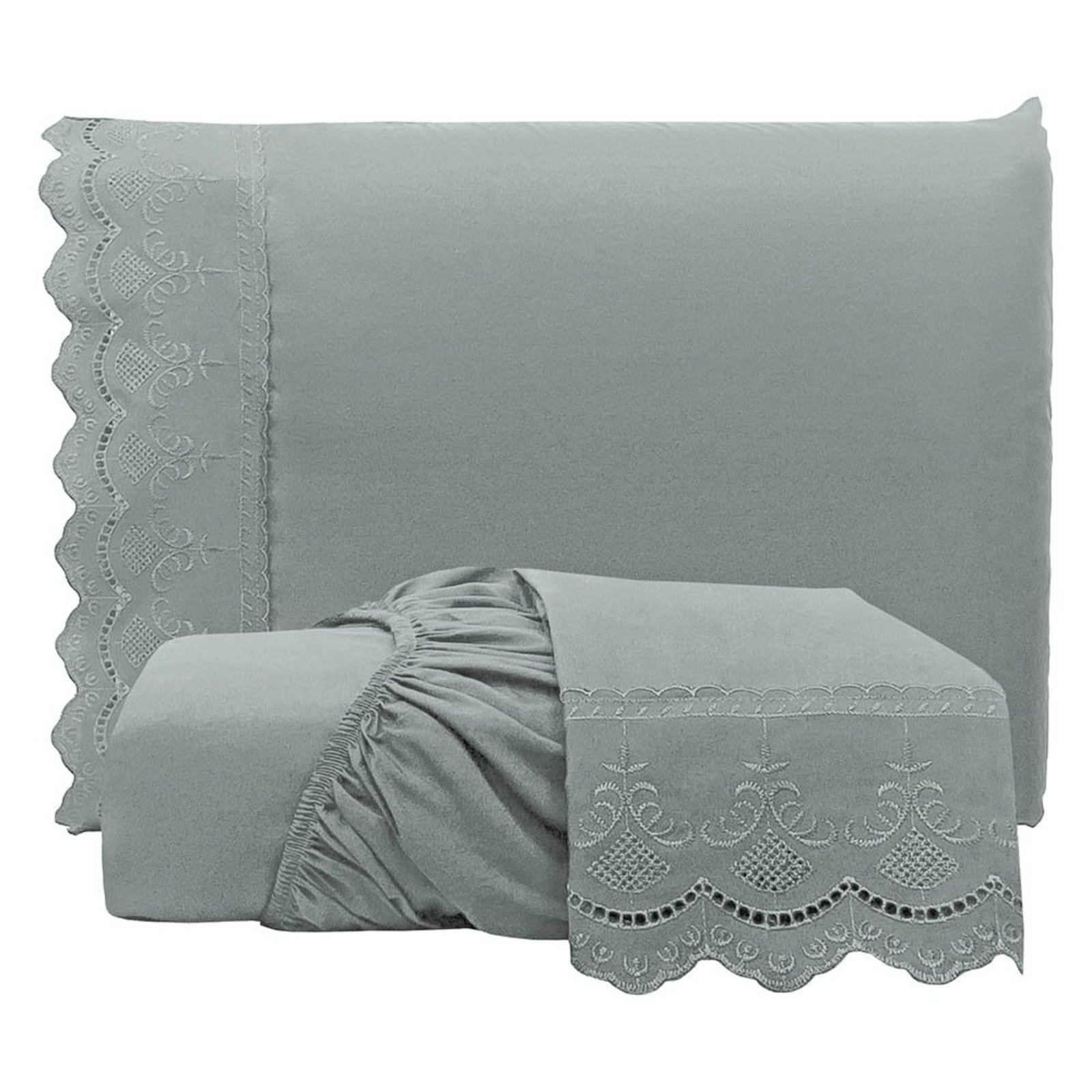 Jogo Cama Lençol Loren Queen Bordado Inglês Micro Percal 300 Fios 3 Peças Cinza