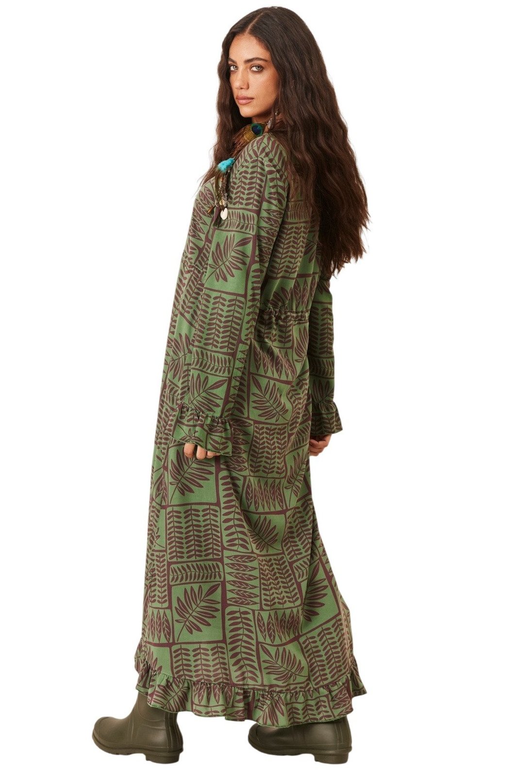 Vestido Longo Amplo Com Túnel De Regulagem Verde Escuro Estampado Yacamim D1 - Estampado