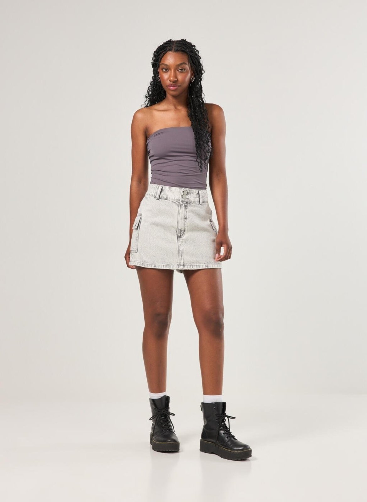 Vista 2 Short Saia Jeans Cargo Cintura Alta Youcom cinza Youcom cinza