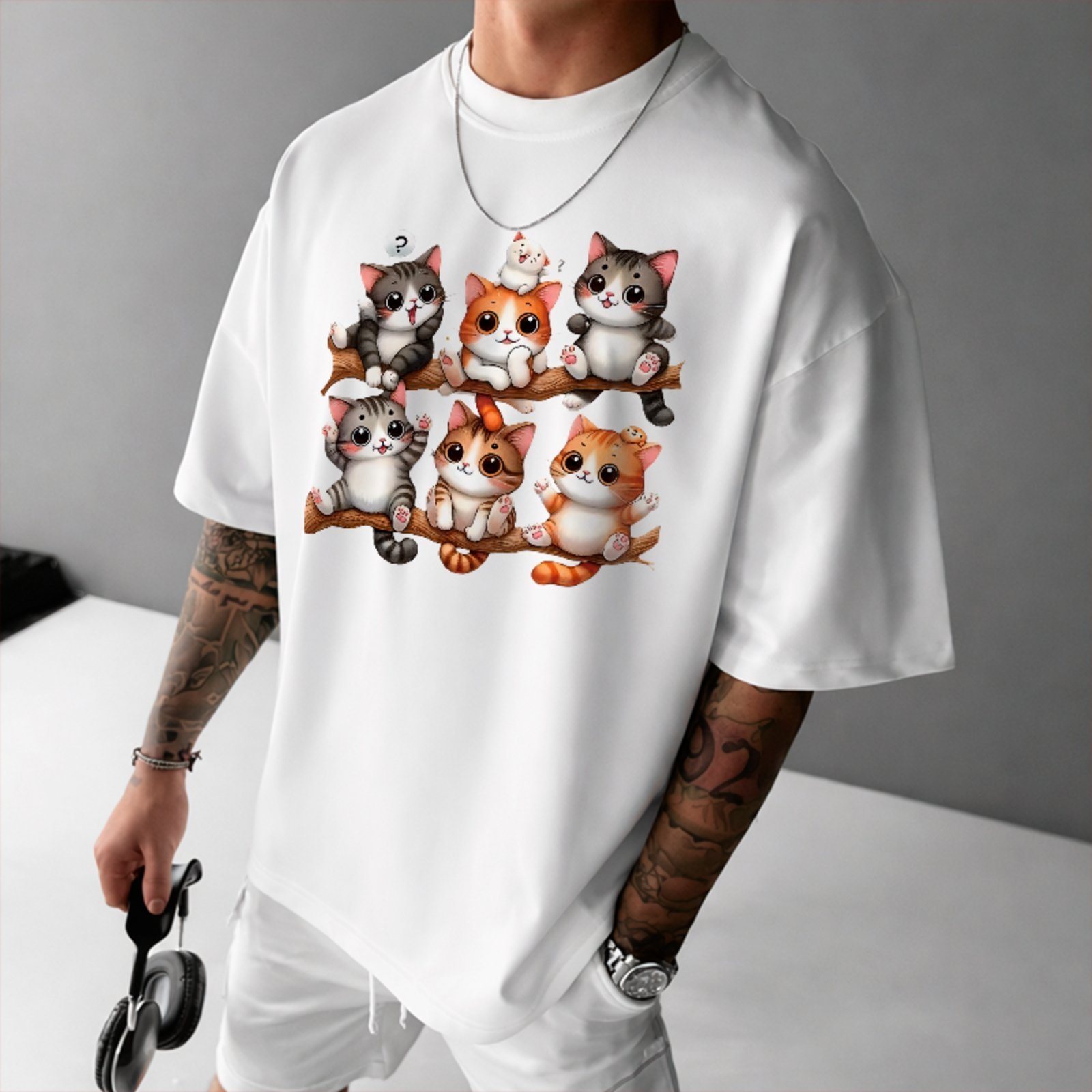 Camiseta Oversized Estampa Gatos Fofos Cartoon Casual Unissex Branco